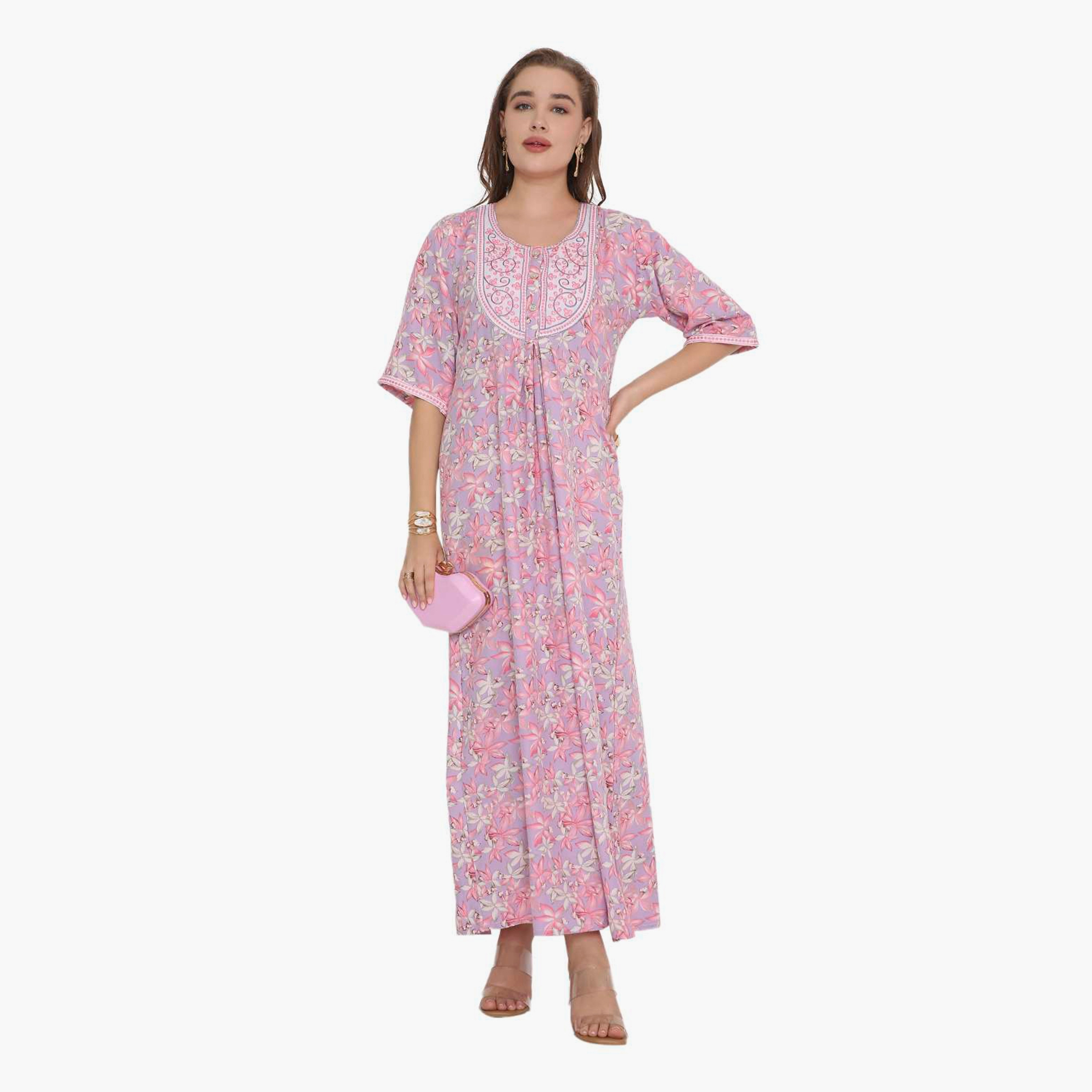 HanaandSara Floral Print & Embroidered Yoke Women's Jalabiya-women-arabicclothing-jalabiyas-image-1