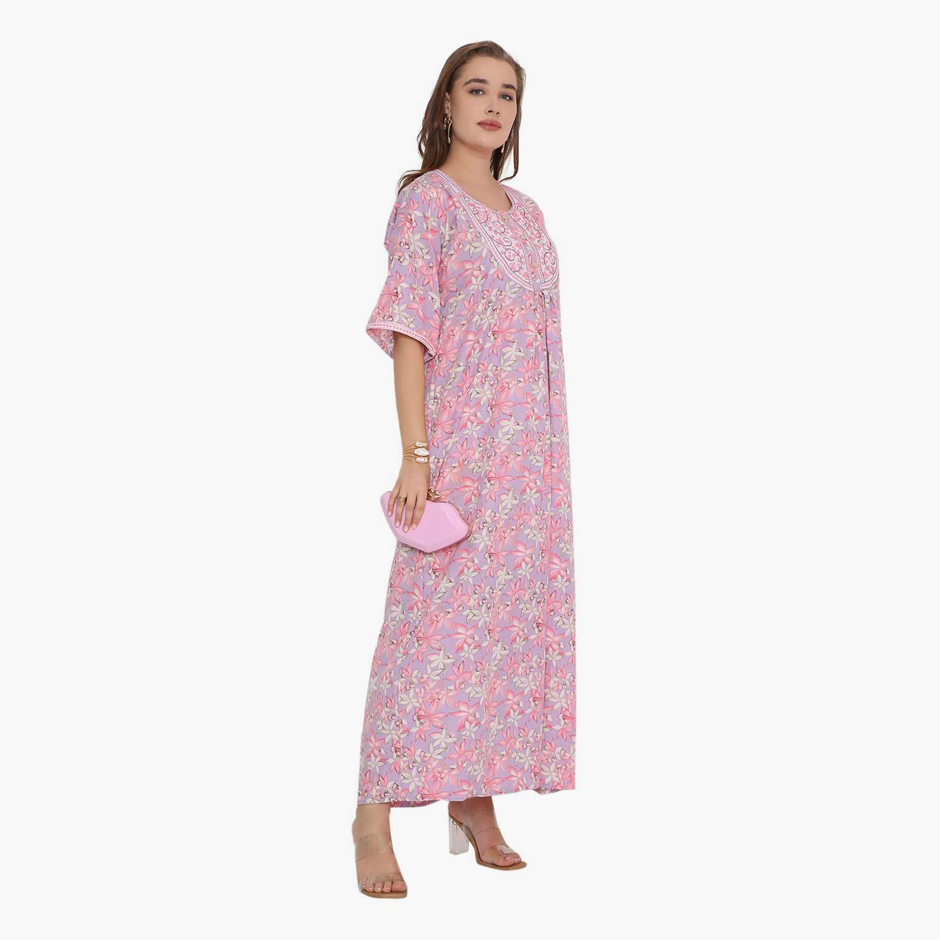 HanaandSara Floral Print & Embroidered Yoke Women's Jalabiya-women-arabicclothing-jalabiyas-image-3