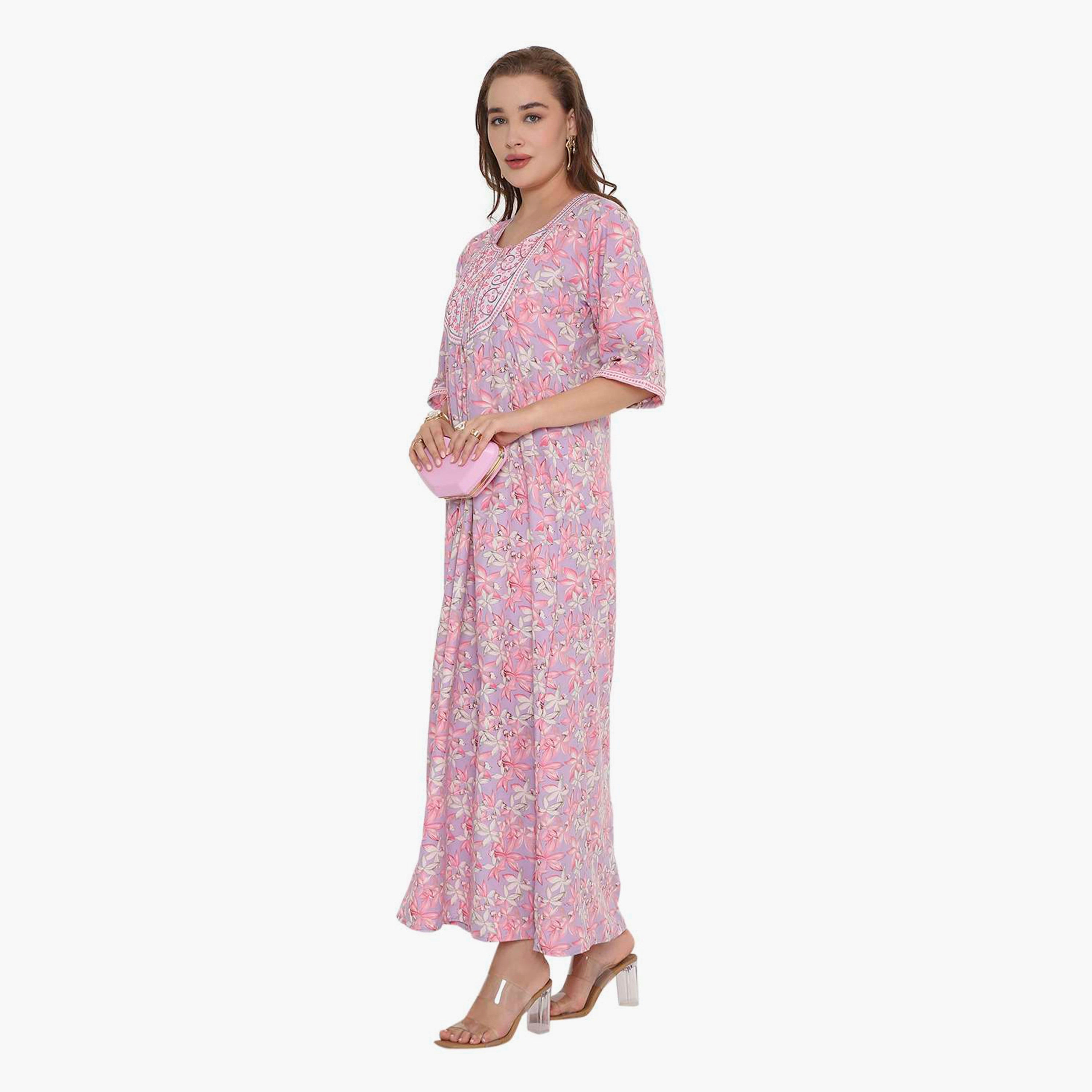 HanaandSara Floral Print & Embroidered Yoke Women's Jalabiya-women-arabicclothing-jalabiyas-image-4
