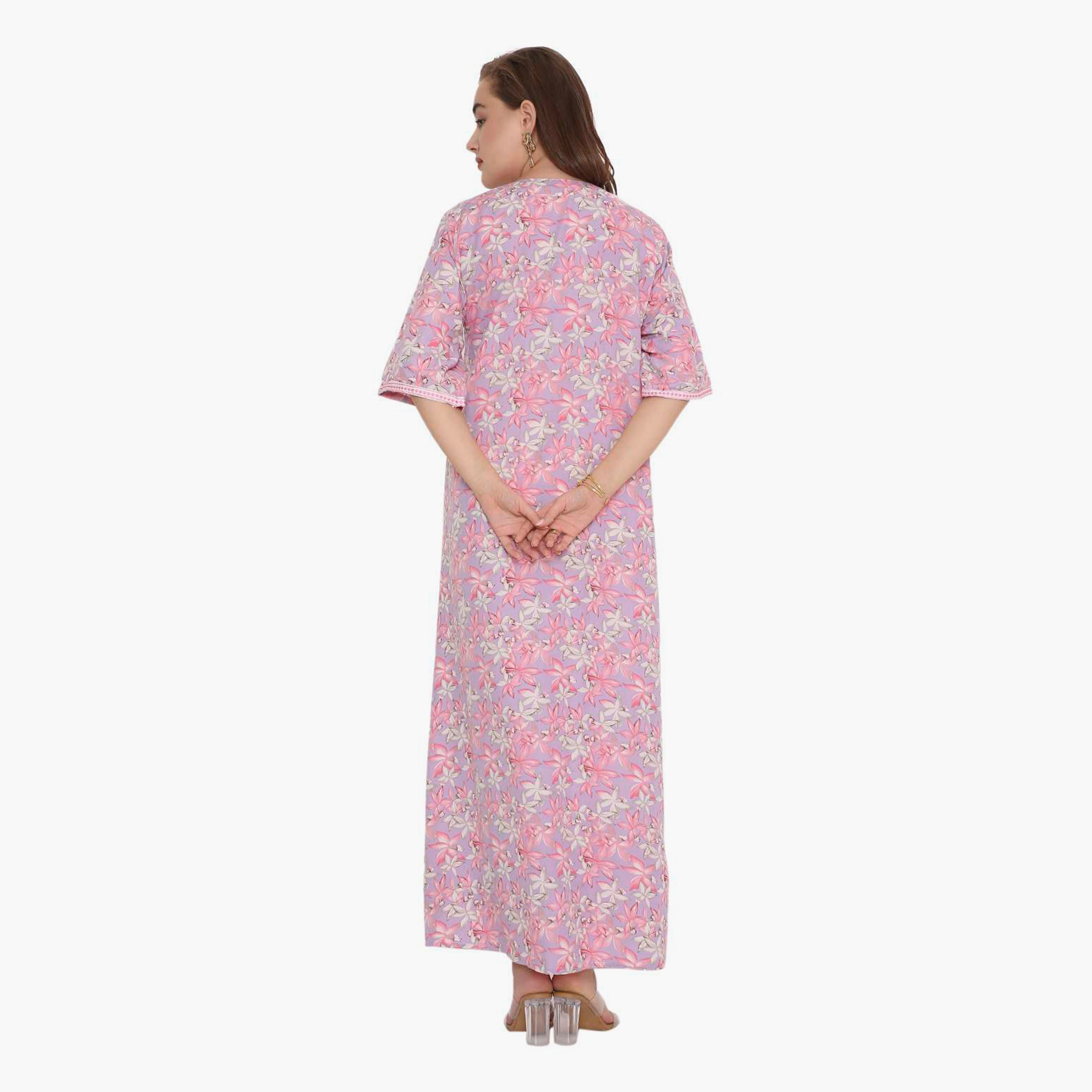 HanaandSara Floral Print & Embroidered Yoke Women's Jalabiya-women-arabicclothing-jalabiyas-image-5