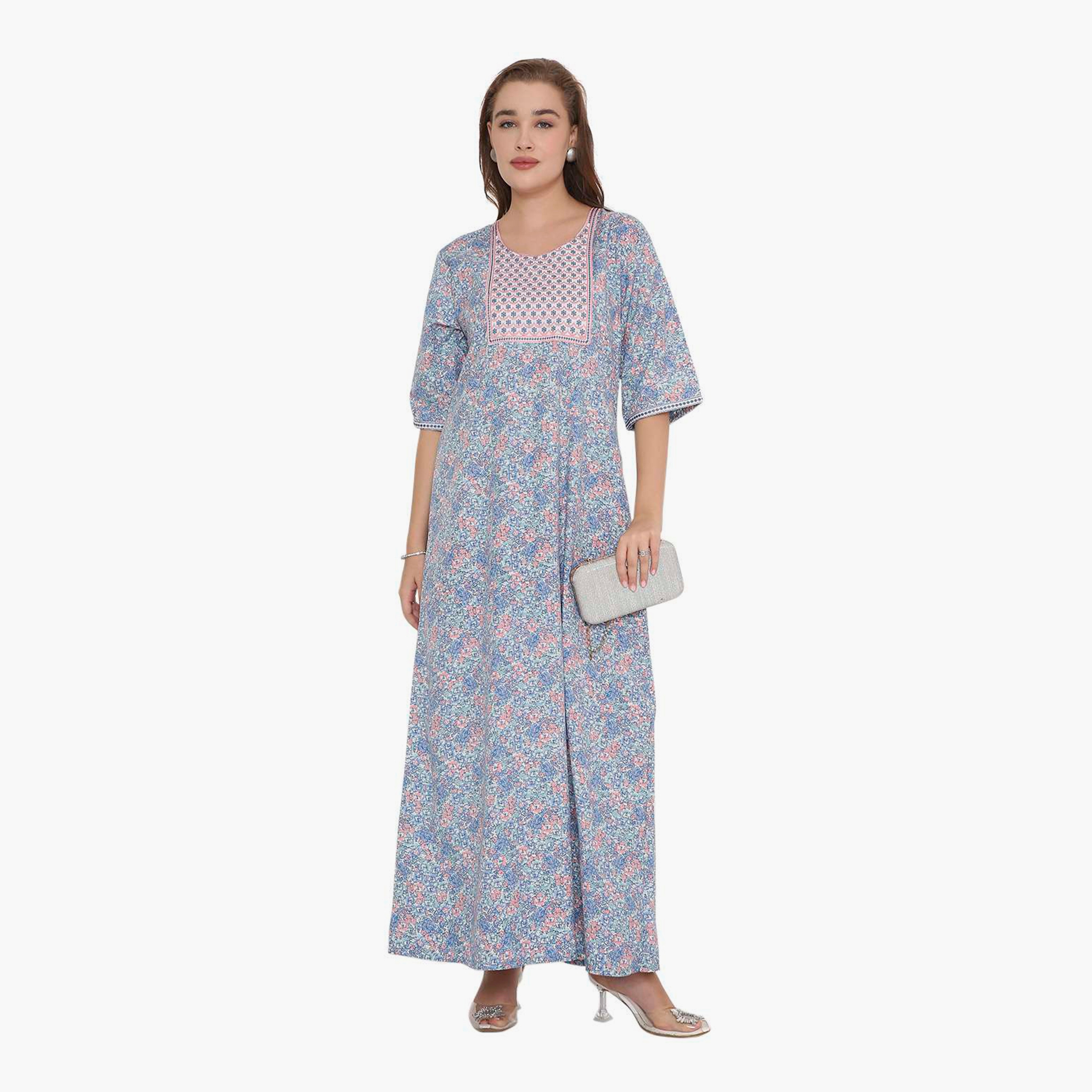 جلابية نسائية بطبعة زهور وصدرية مطرزة من هنا أند سارة-women-arabicclothing-jalabiyas-image-1