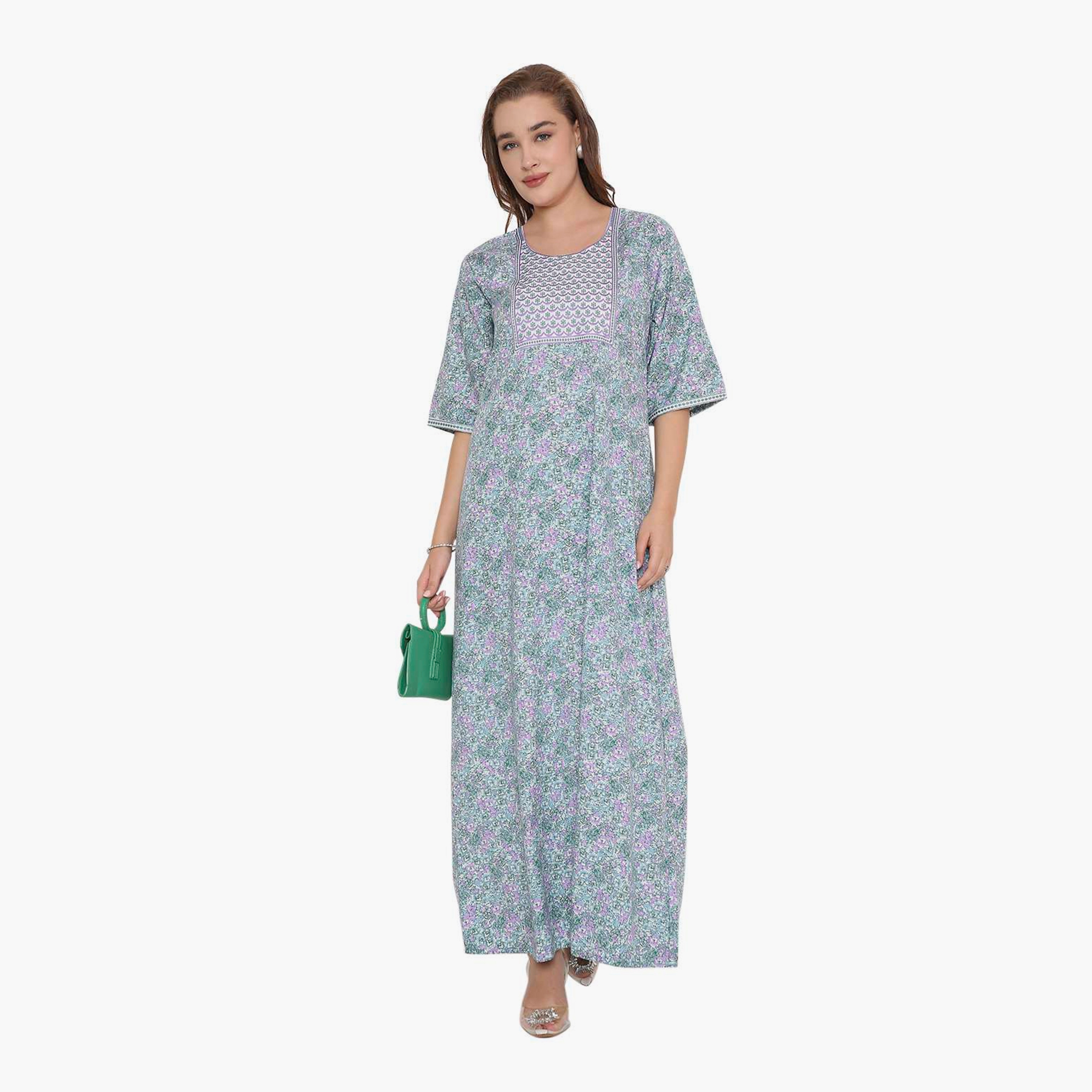 HanaandSara Floral Print & Embroidered Yoke Women's Jalabiya-women-arabicclothing-jalabiyas-image-5