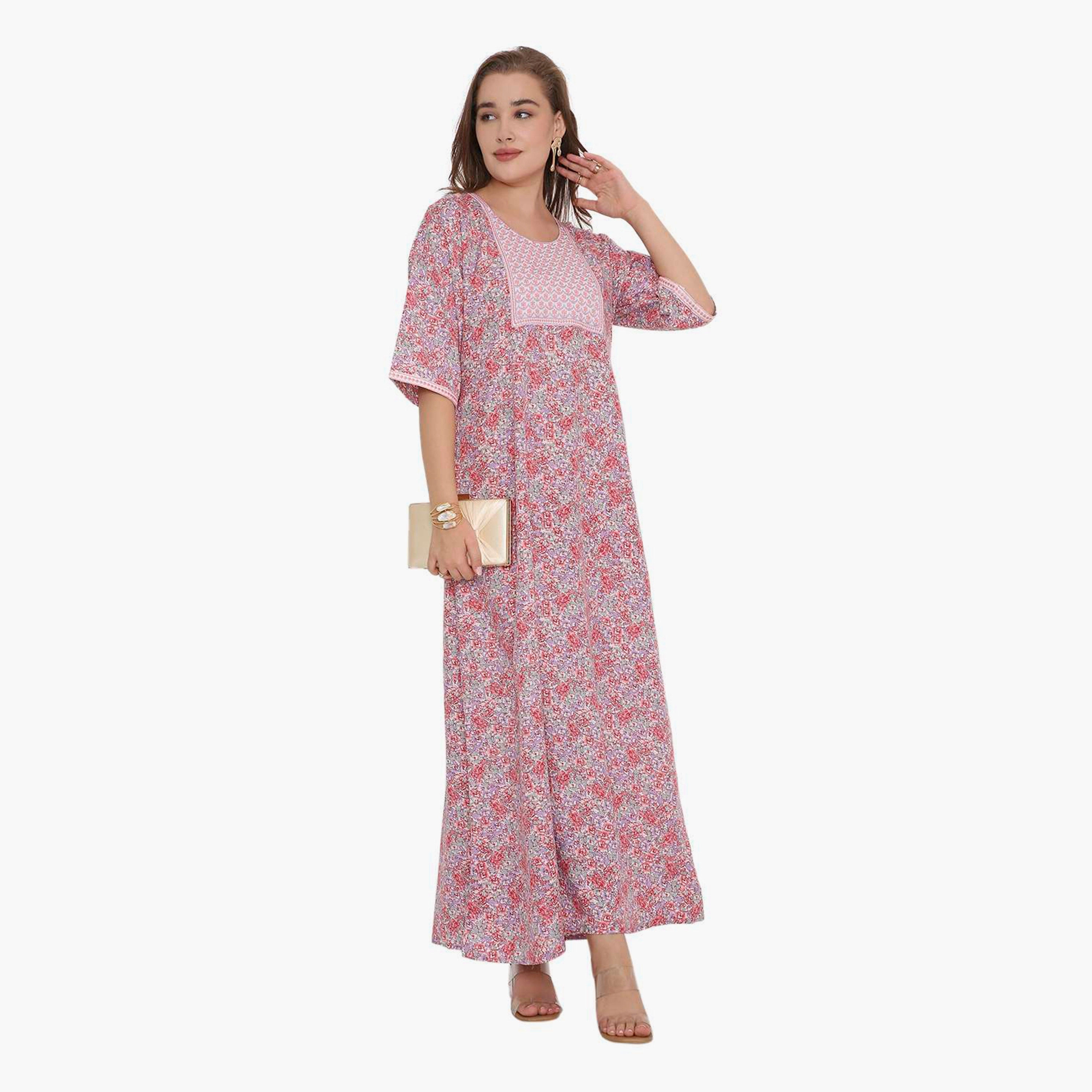 HanaandSara Floral Print & Embroidered Yoke Women's Jalabiya-women-arabicclothing-jalabiyas-image-15