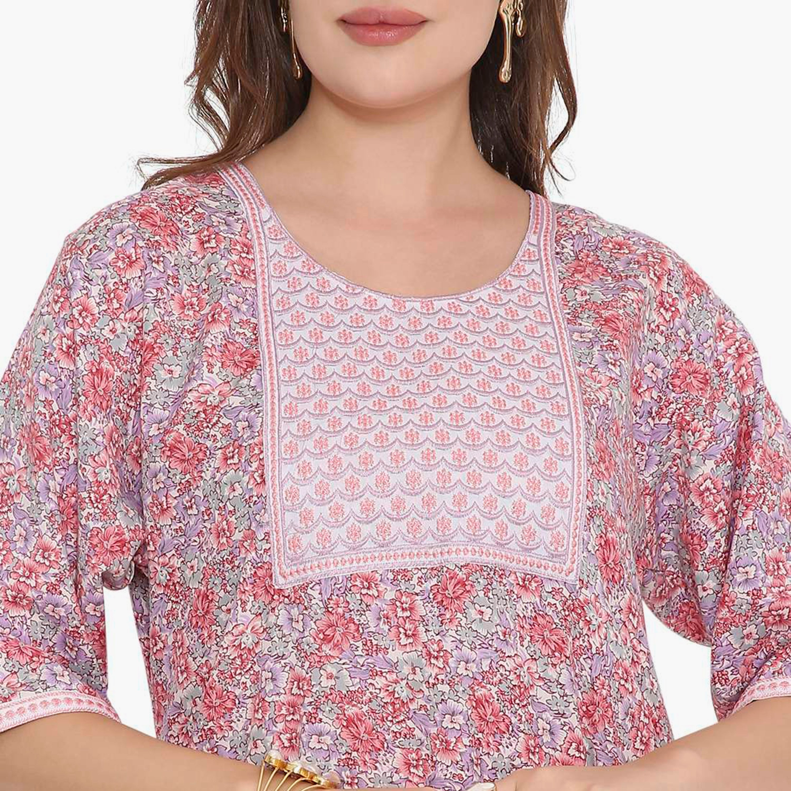 HanaandSara Floral Print & Embroidered Yoke Women's Jalabiya-women-arabicclothing-jalabiyas-image-1