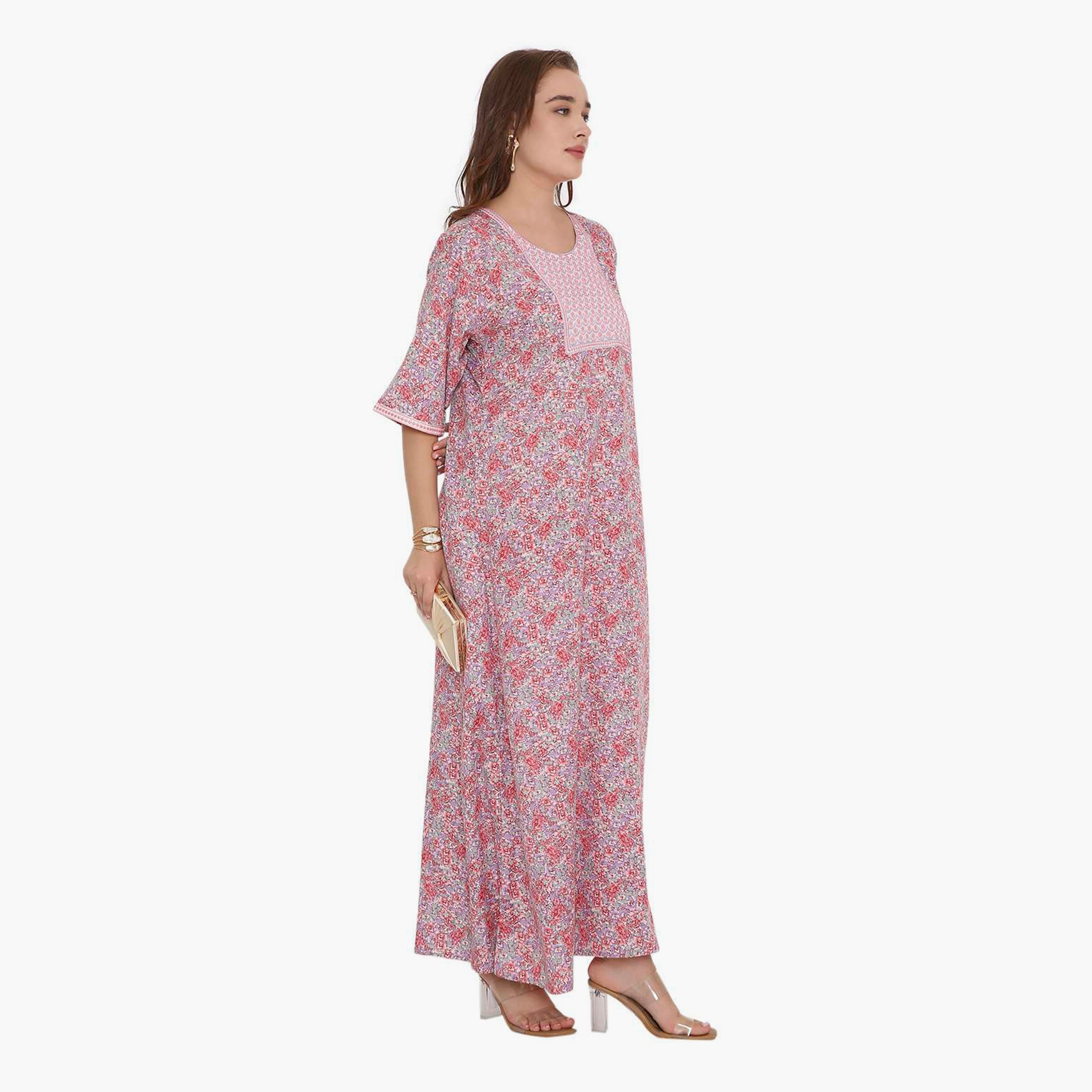 HanaandSara Floral Print & Embroidered Yoke Women's Jalabiya-women-arabicclothing-jalabiyas-image-2