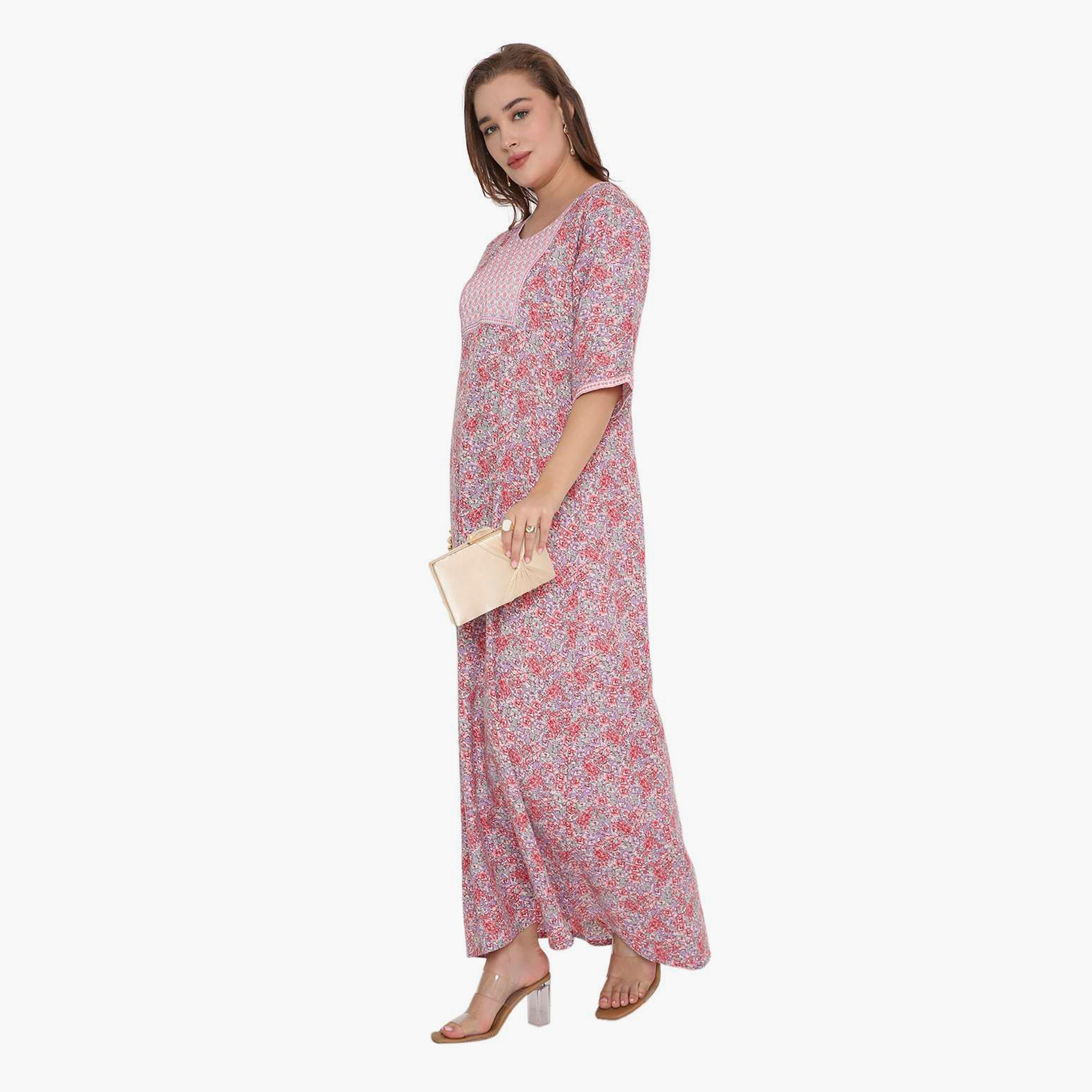 HanaandSara Floral Print & Embroidered Yoke Women's Jalabiya-women-arabicclothing-jalabiyas-image-3