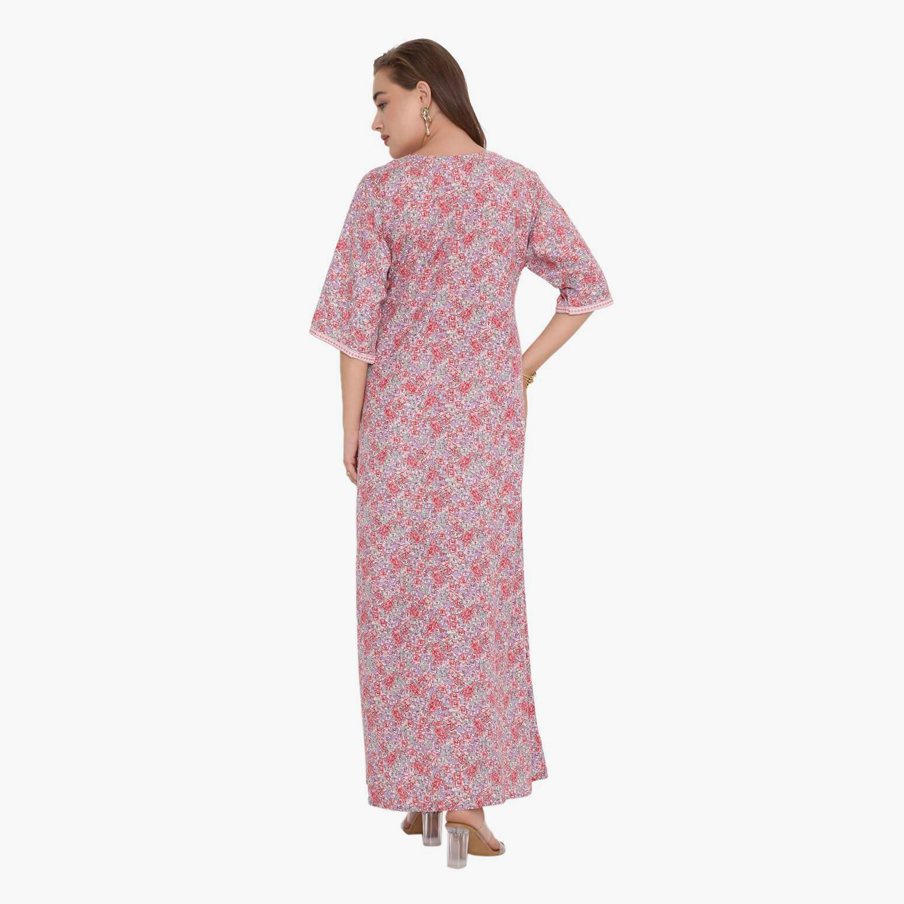 HanaandSara Floral Print & Embroidered Yoke Women's Jalabiya-women-arabicclothing-jalabiyas-image-4