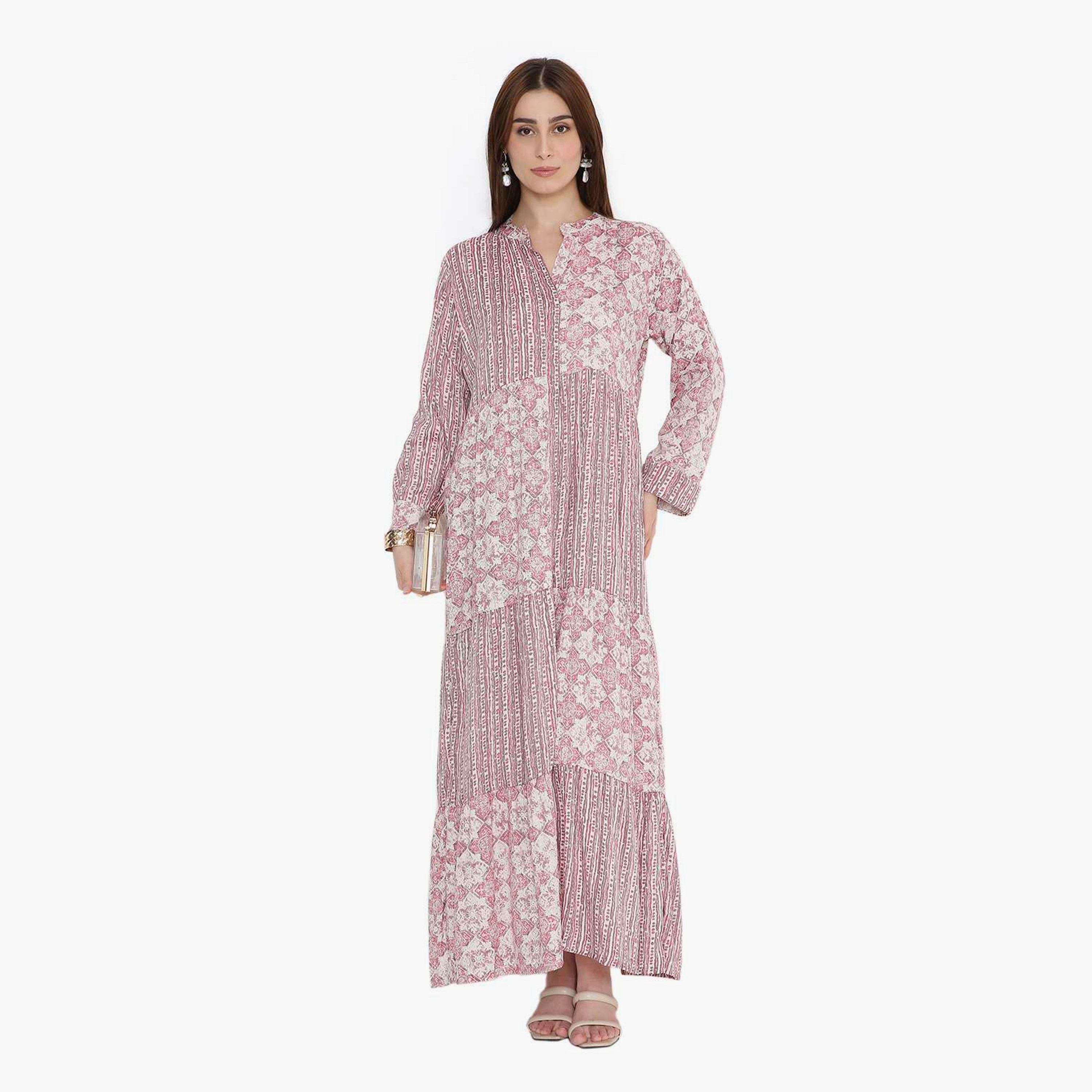 HanaandSara Floral & Striped Mandarin Collar Women's Jalabiya-women-arabicclothing-jalabiyas-image-1