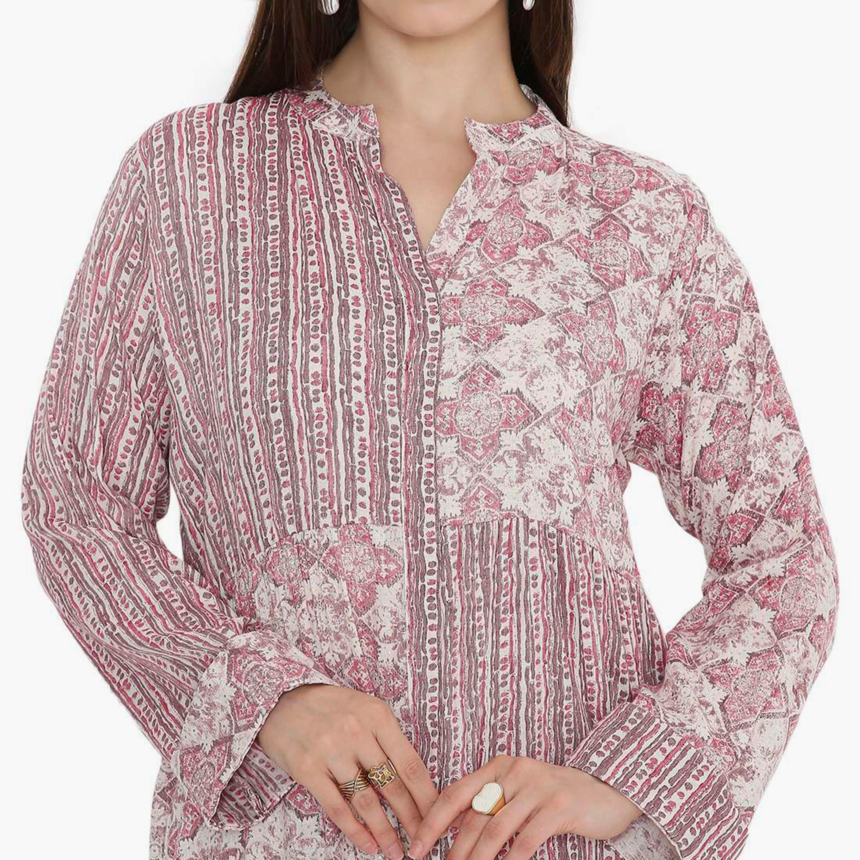 HanaandSara Floral & Striped Mandarin Collar Women's Jalabiya-women-arabicclothing-jalabiyas-image-2