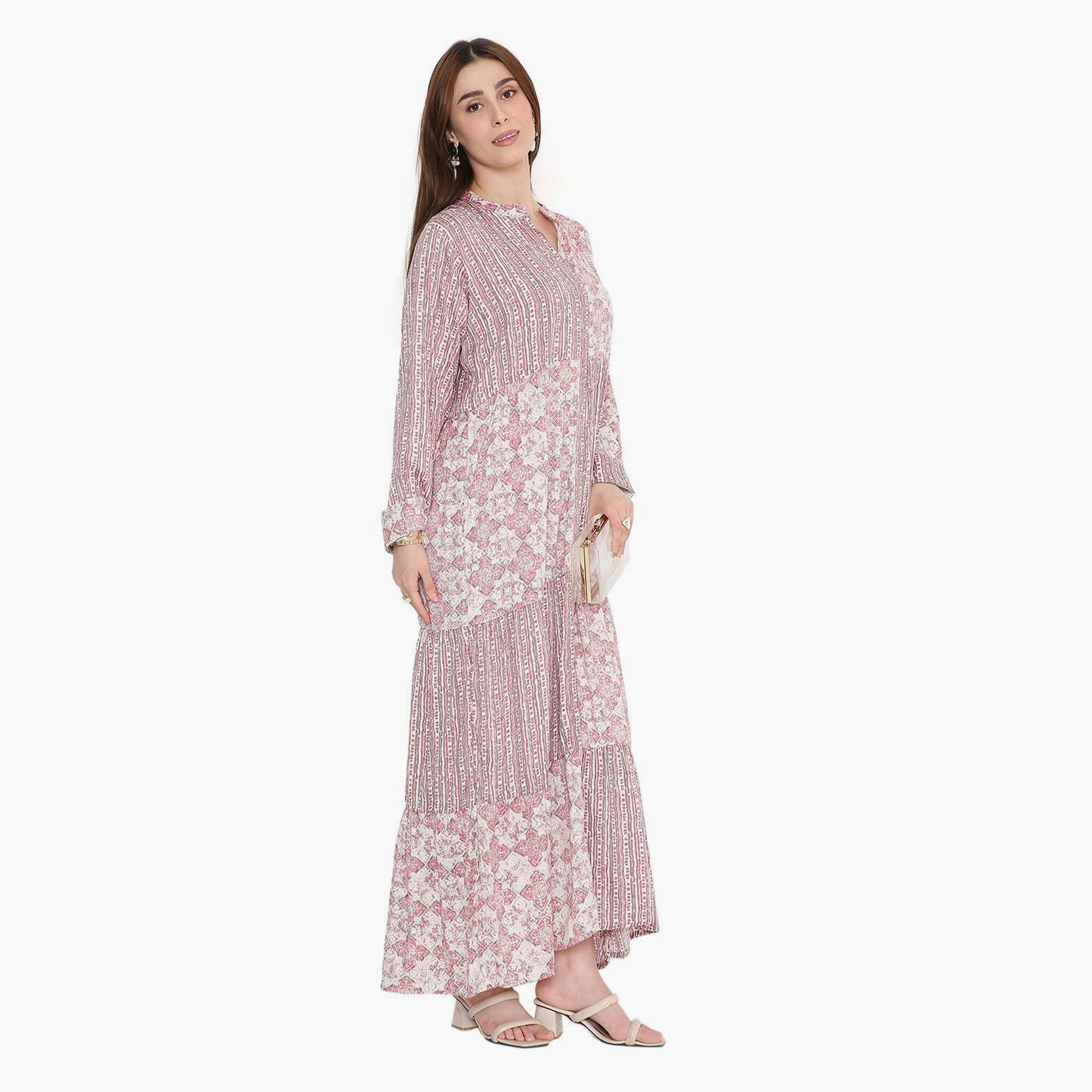 HanaandSara Floral & Striped Mandarin Collar Women's Jalabiya-women-arabicclothing-jalabiyas-image-3
