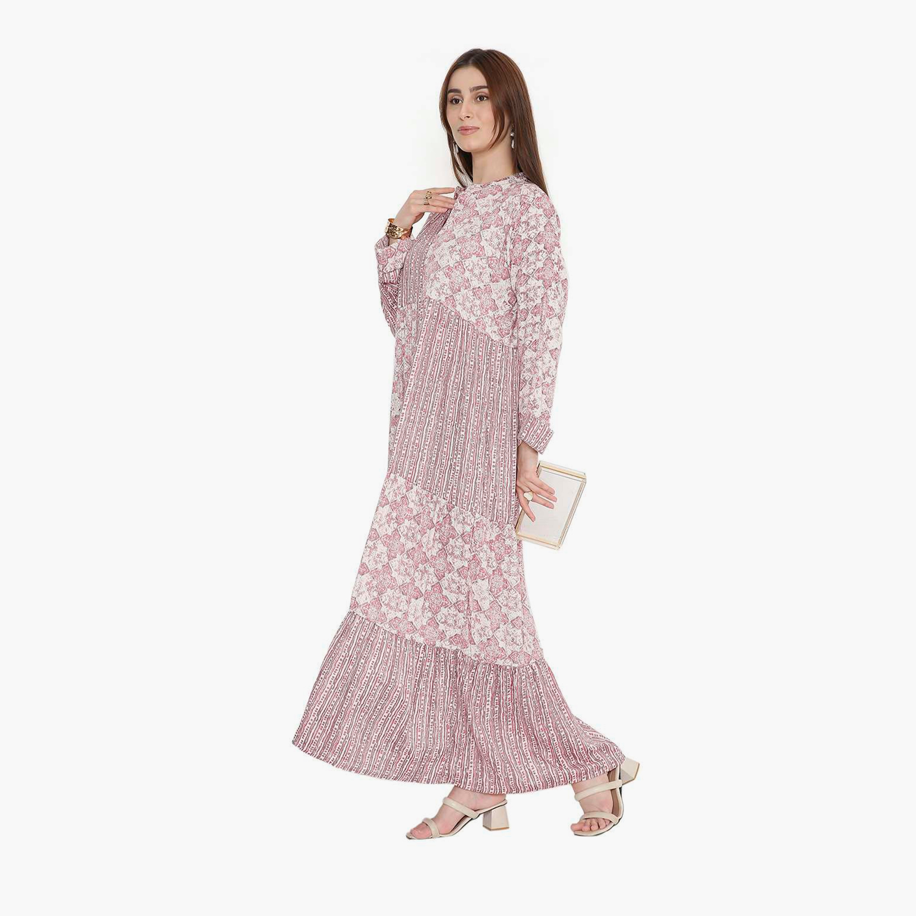 HanaandSara Floral & Striped Mandarin Collar Women's Jalabiya-women-arabicclothing-jalabiyas-image-4