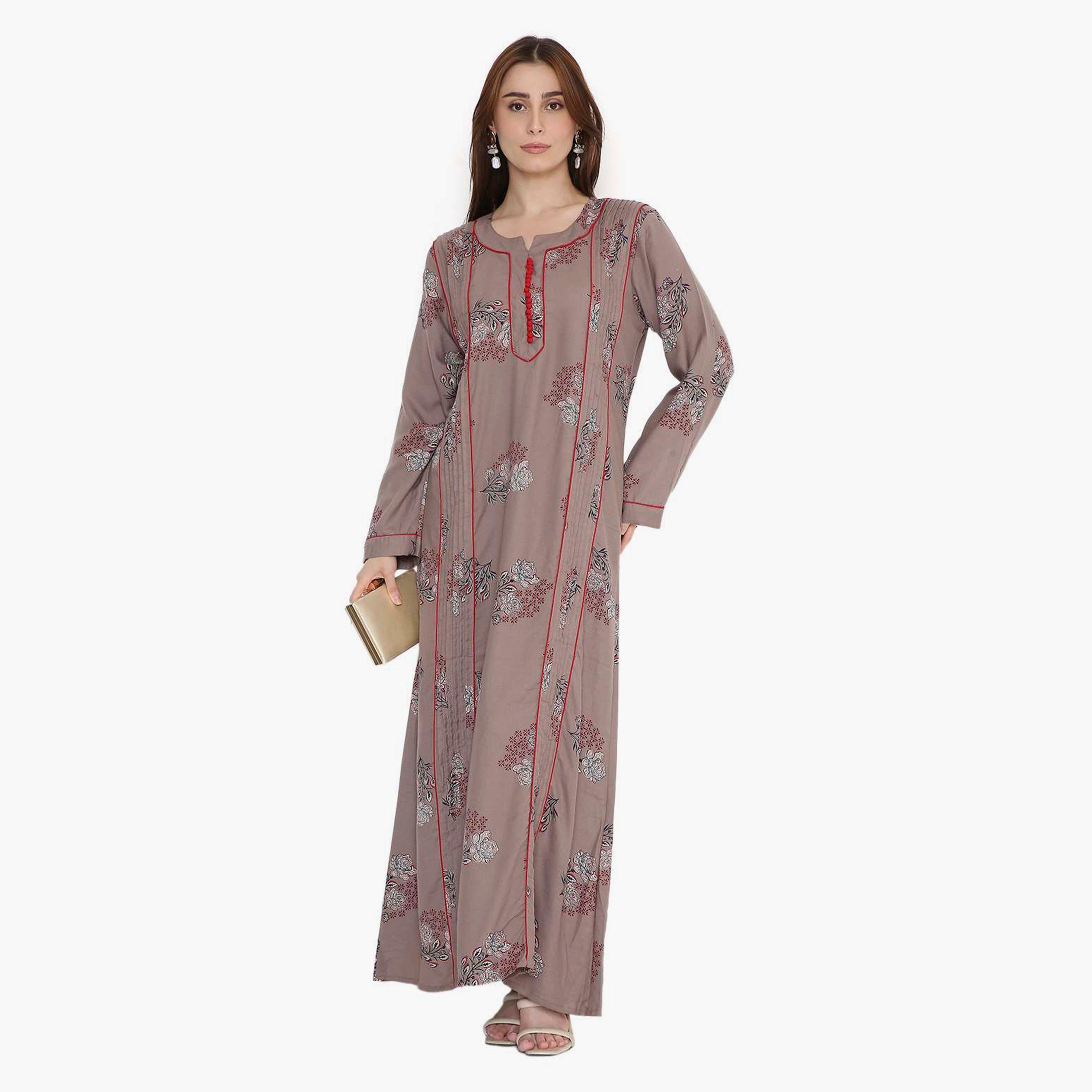 جلابية نسائية بطبعة زهور كبيرة وكسرات من هنا أند سارة-women-arabicclothing-jalabiyas-image-1