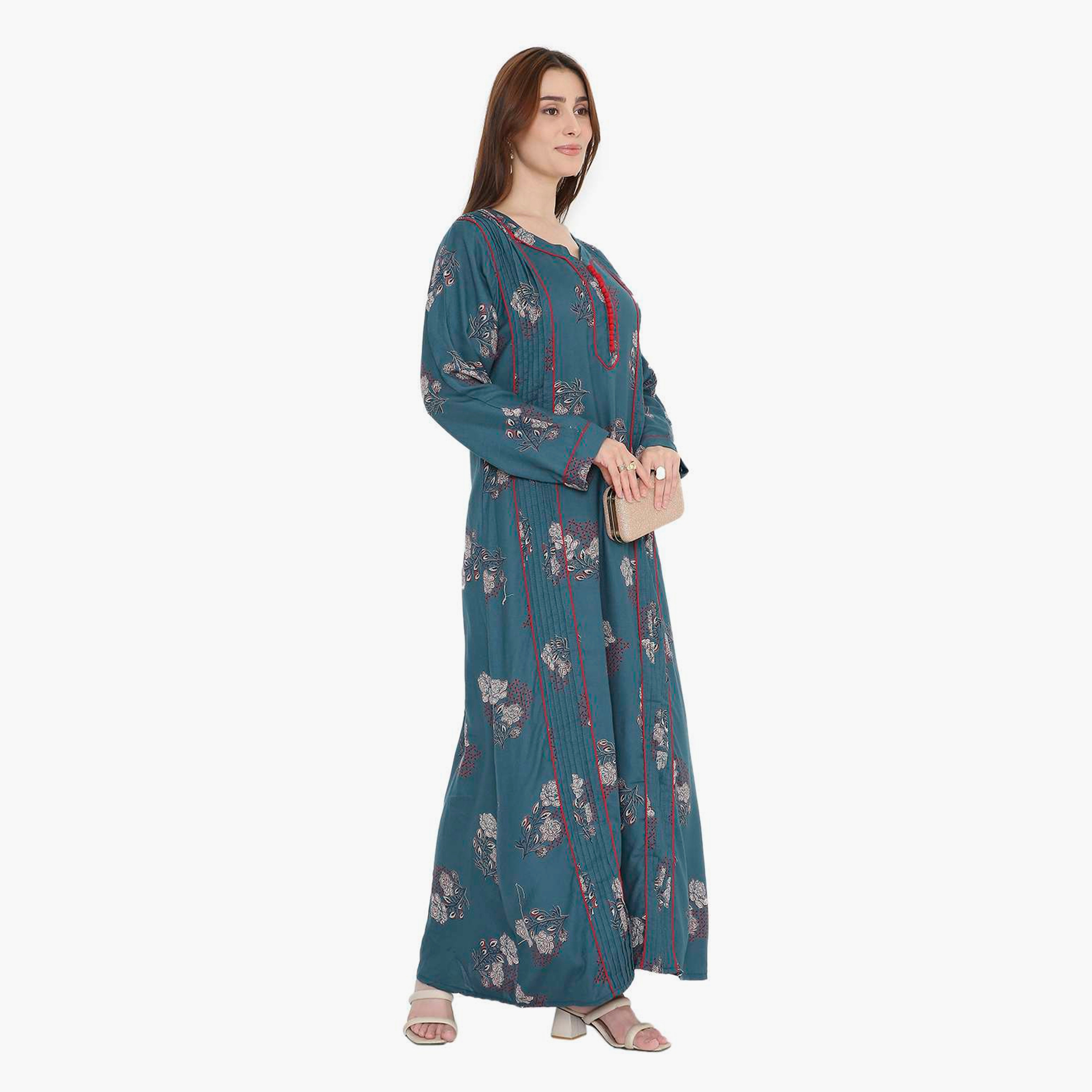 HanaandSara Floral Block Print & Pintuck Women's Jalabiya-women-arabicclothing-jalabiyas-image-8