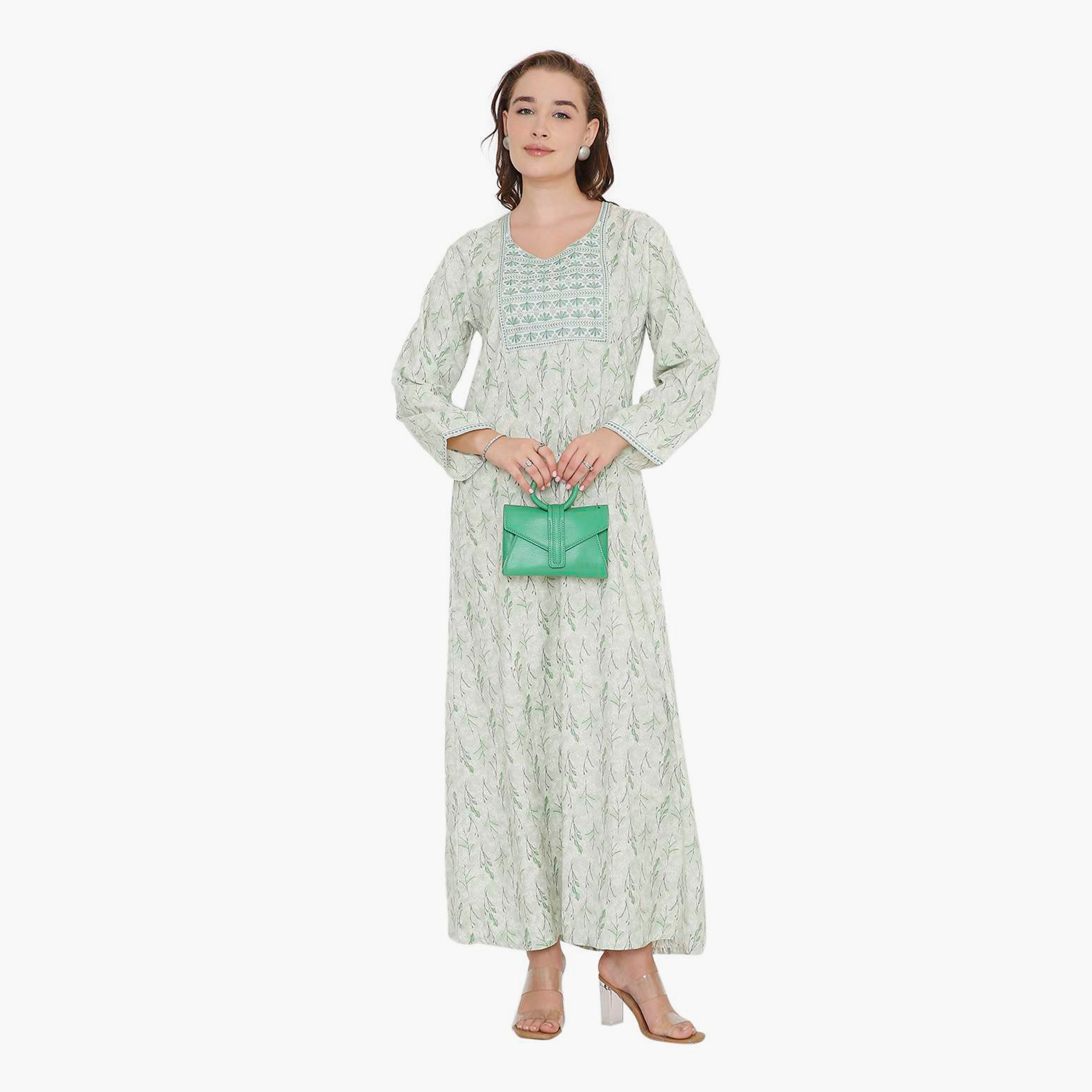 HanaandSara Leaf Print & Embroidered Yoke Women's Jalabiya-women-arabicclothing-jalabiyas-image-1