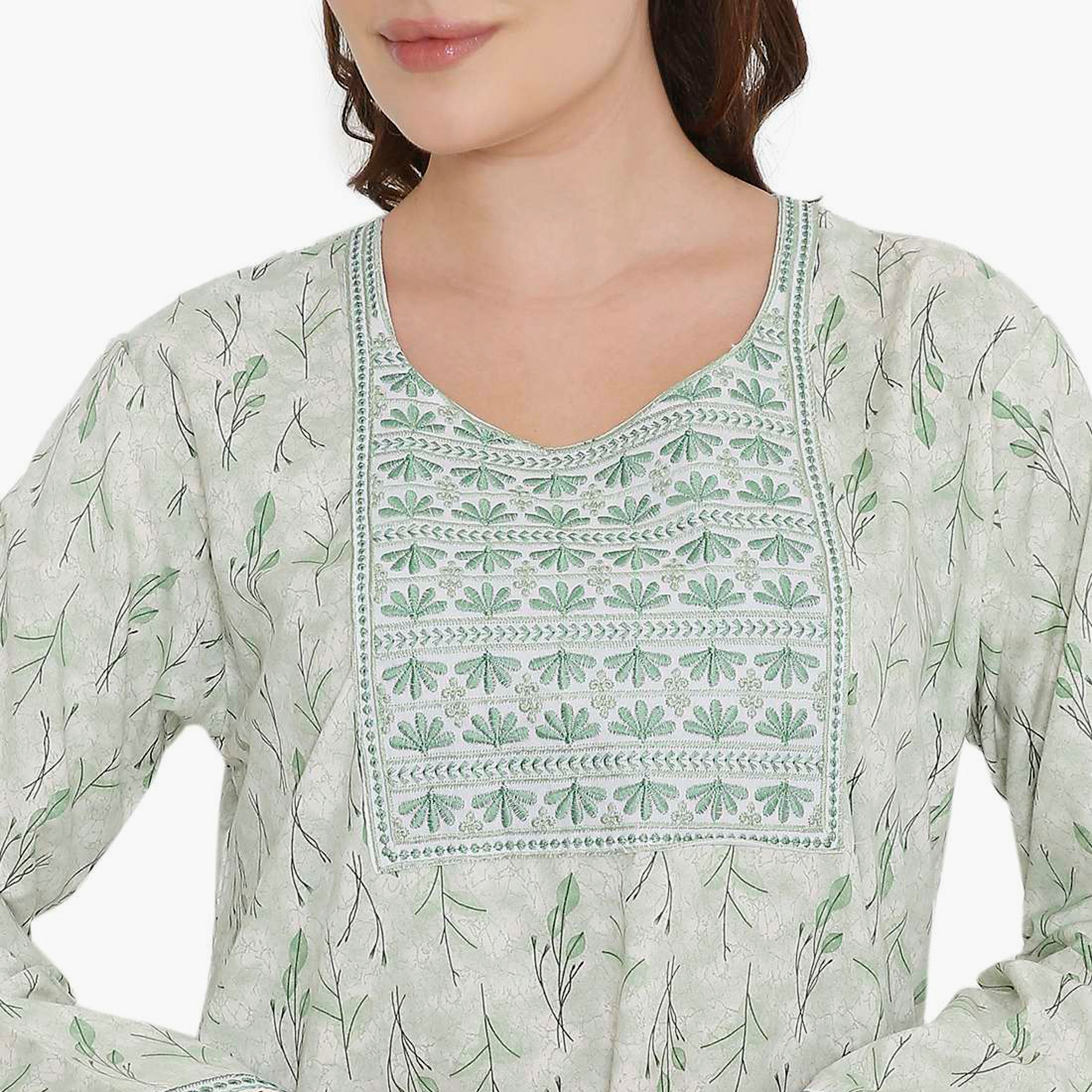 HanaandSara Leaf Print & Embroidered Yoke Women's Jalabiya-women-arabicclothing-jalabiyas-image-2