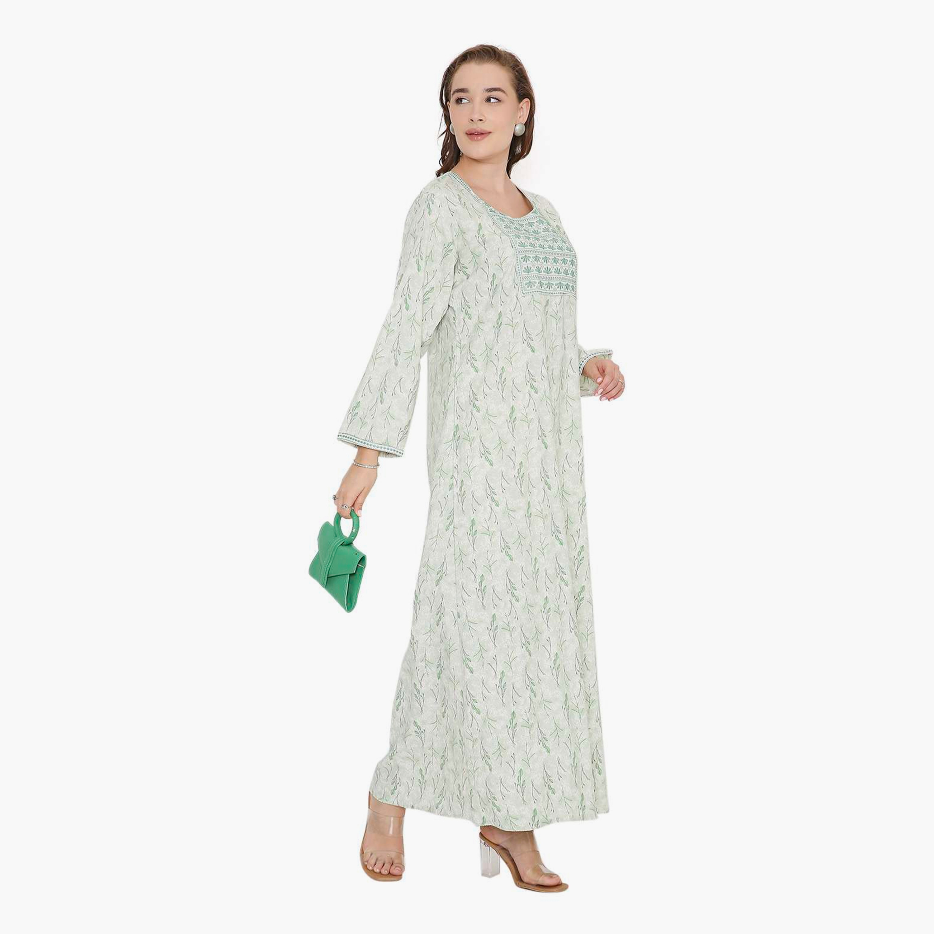 HanaandSara Leaf Print & Embroidered Yoke Women's Jalabiya-women-arabicclothing-jalabiyas-image-3