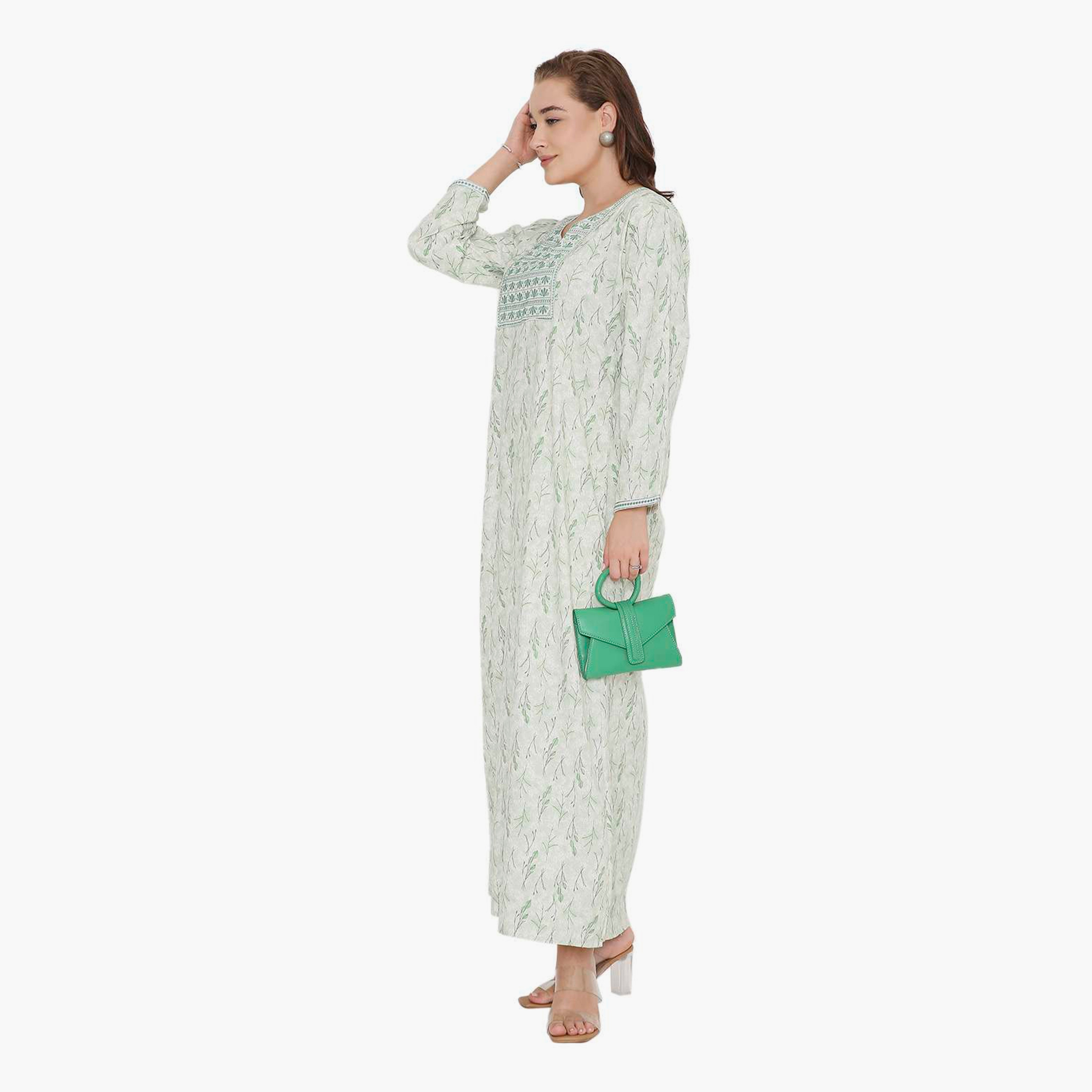 HanaandSara Leaf Print & Embroidered Yoke Women's Jalabiya-women-arabicclothing-jalabiyas-image-4