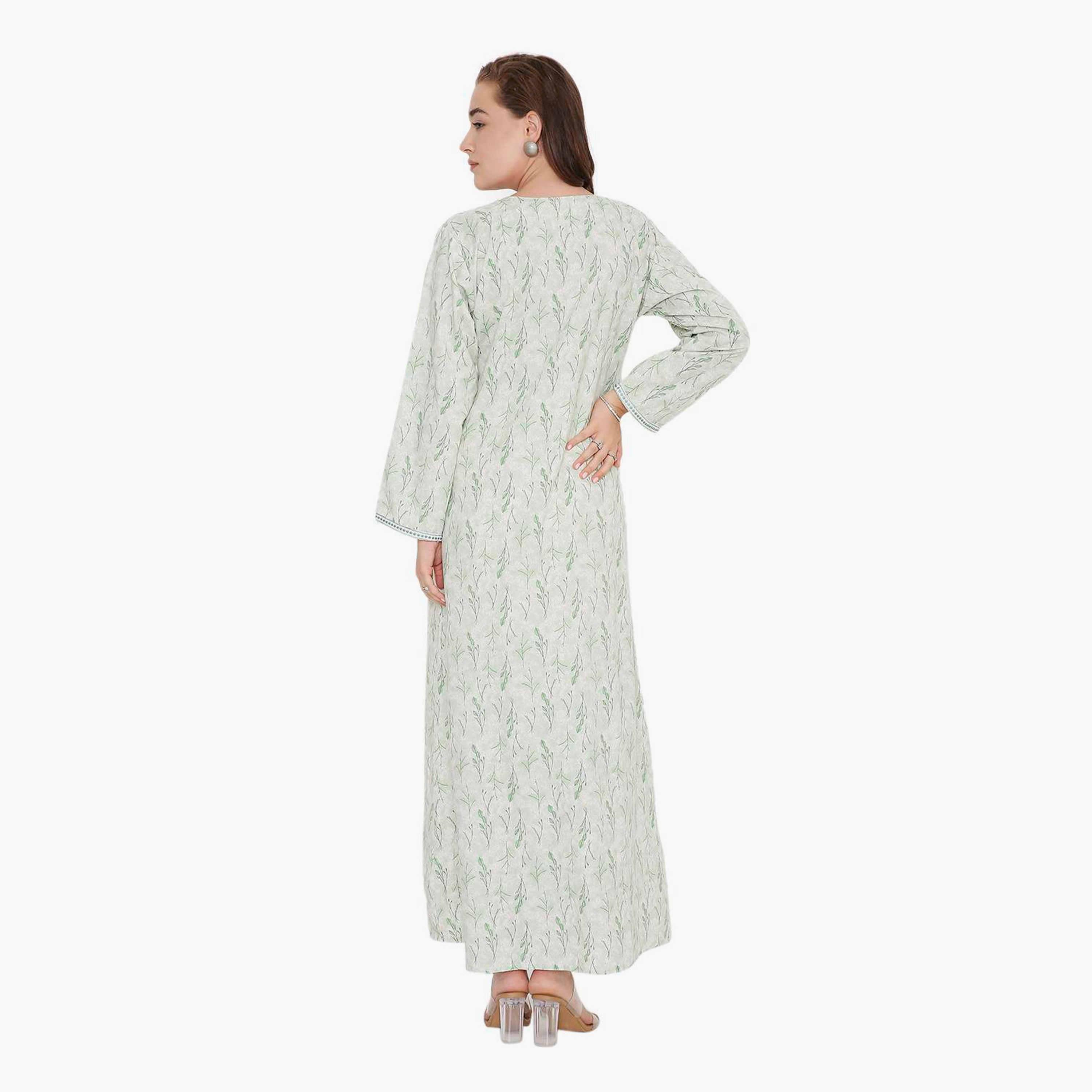 HanaandSara Leaf Print & Embroidered Yoke Women's Jalabiya-women-arabicclothing-jalabiyas-image-5