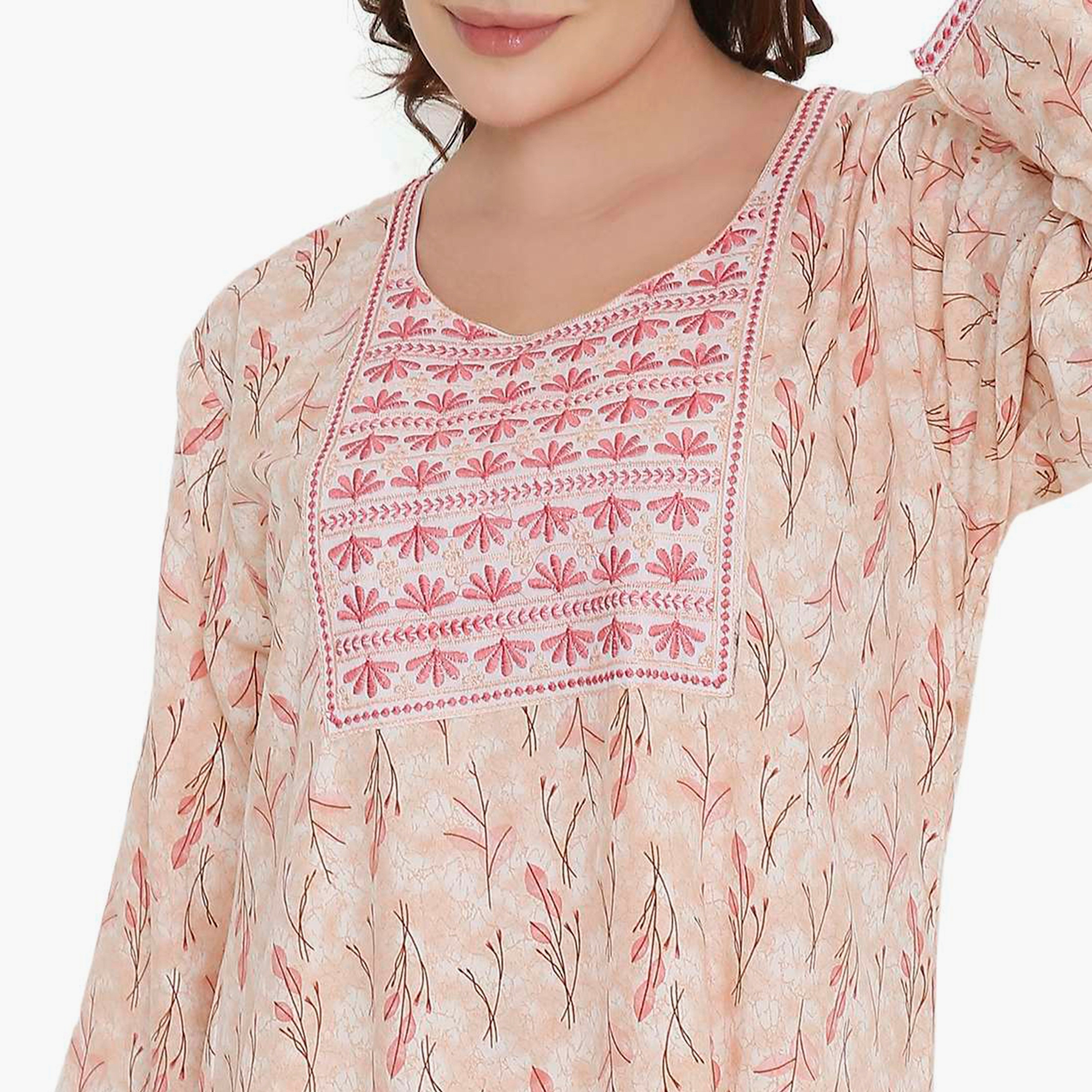 جلابية نسائية بطبعة أوراق الشجر وصدرية مطرزة من هنا أند سارة-women-arabicclothing-jalabiyas-image-7