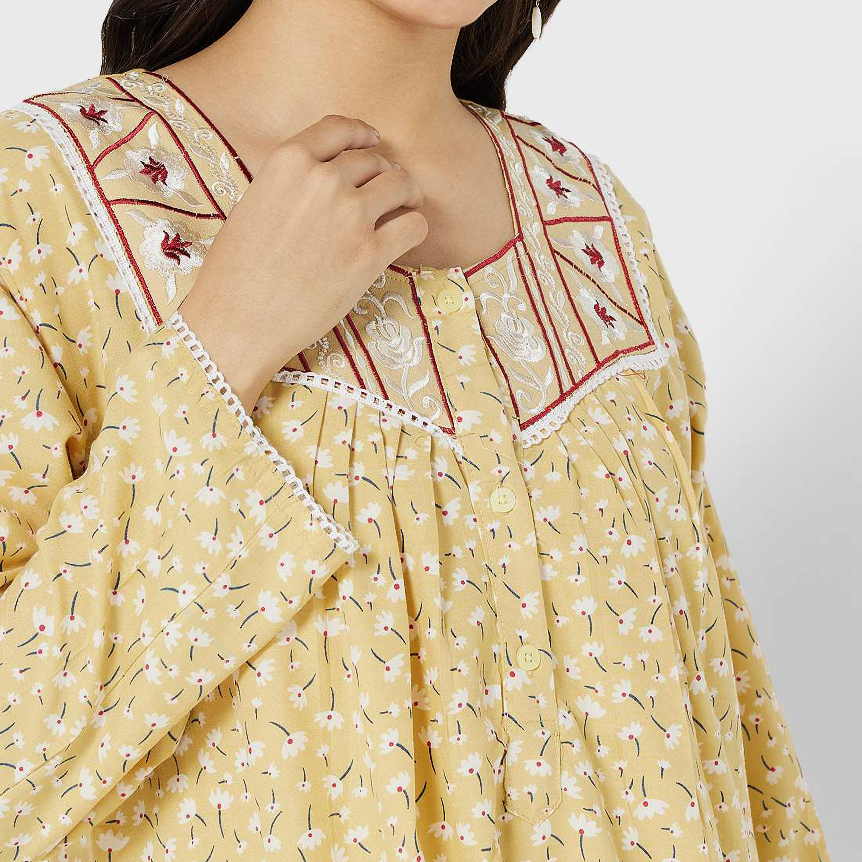 Hana & Sara Yellow Embroidered Square Neck Women's Jalabiya-women-arabicclothing-jalabiyas-image-2