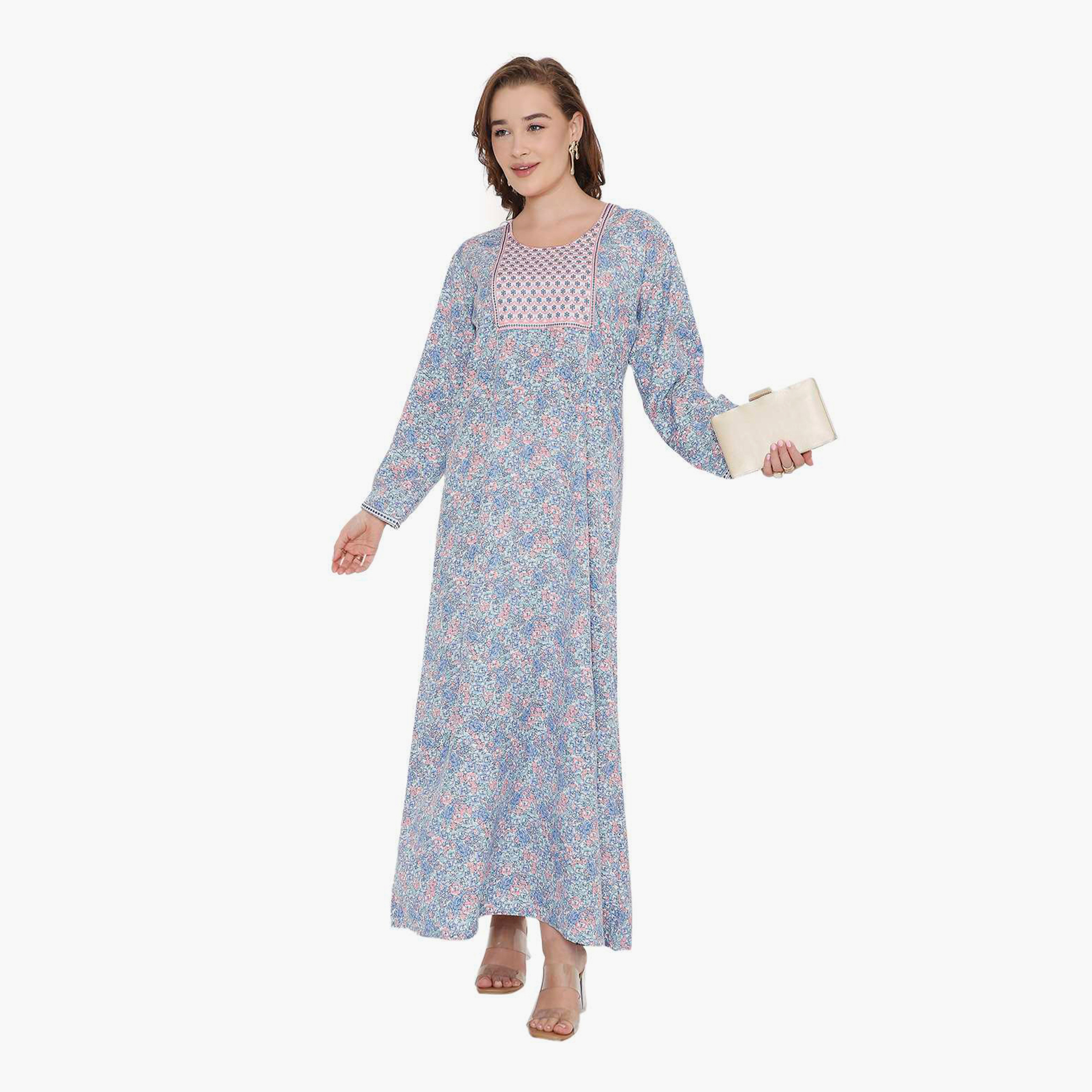 HanaandSara Floral Print & Embroidered Yoke Women's Jalabiya-women-arabicclothing-jalabiyas-image-11