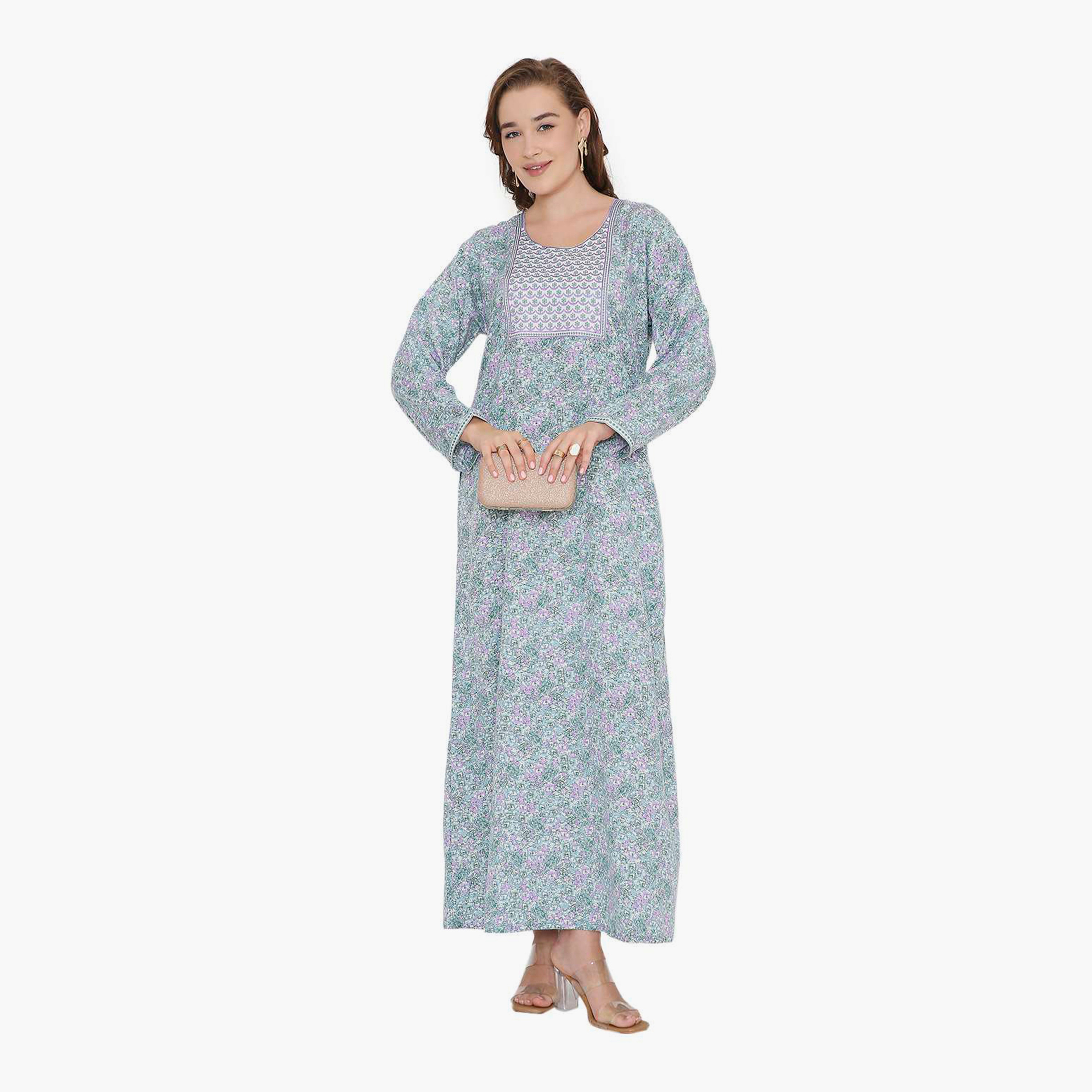 HanaandSara Floral Print & Embroidered Yoke Women's Jalabiya-women-arabicclothing-jalabiyas-image-1