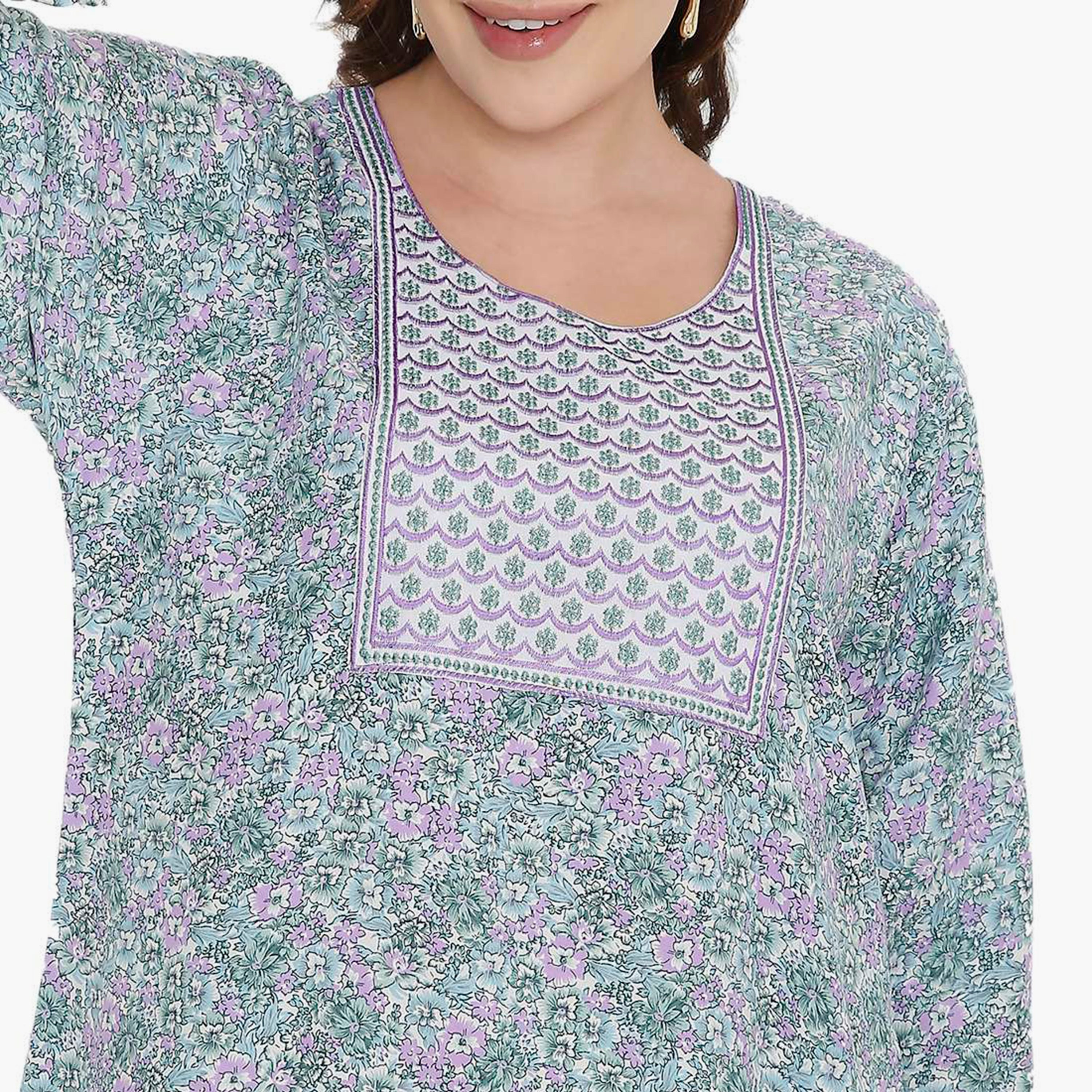 HanaandSara Floral Print & Embroidered Yoke Women's Jalabiya-women-arabicclothing-jalabiyas-image-2