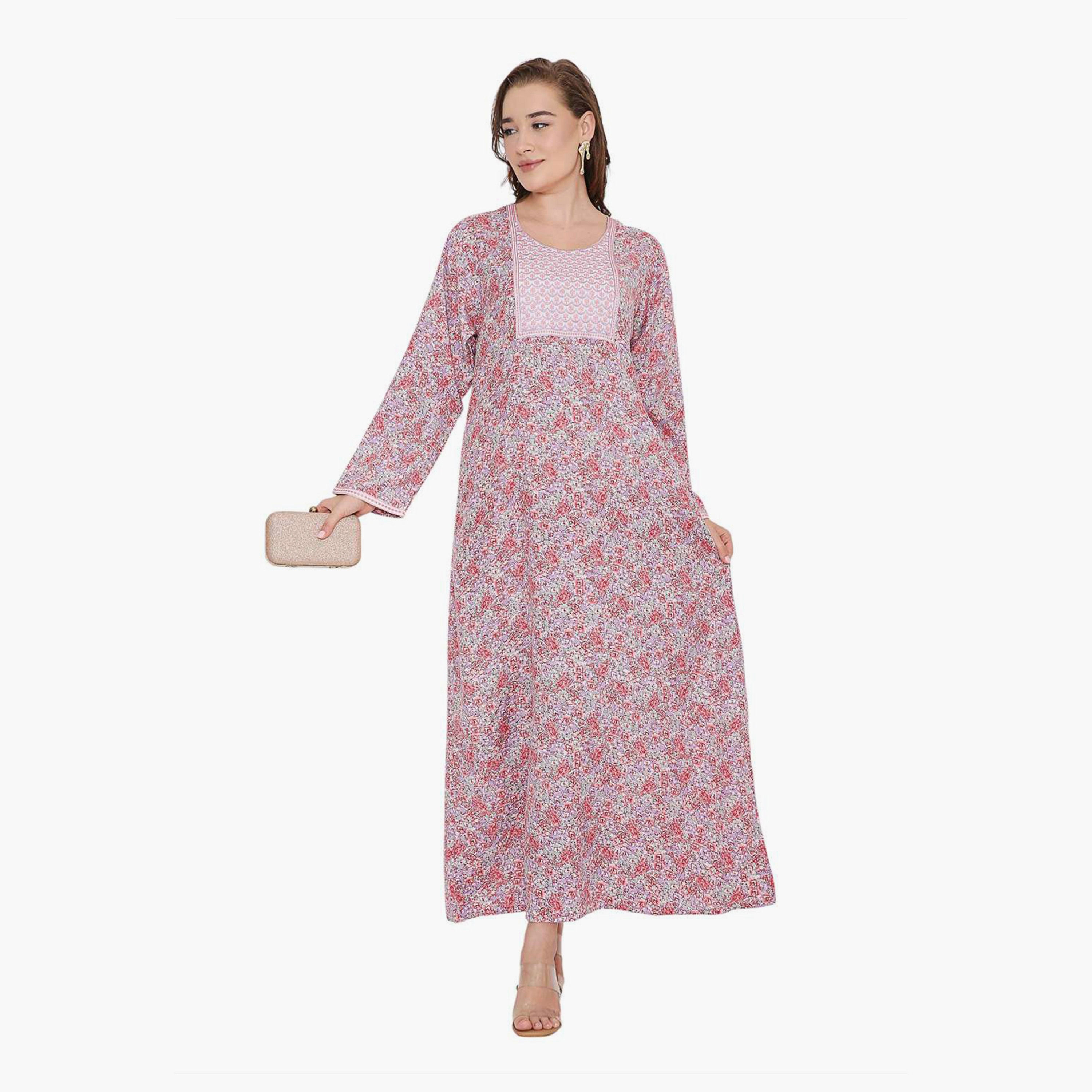 HanaandSara Floral Print & Embroidered Yoke Women's Jalabiya-women-arabicclothing-jalabiyas-image-6