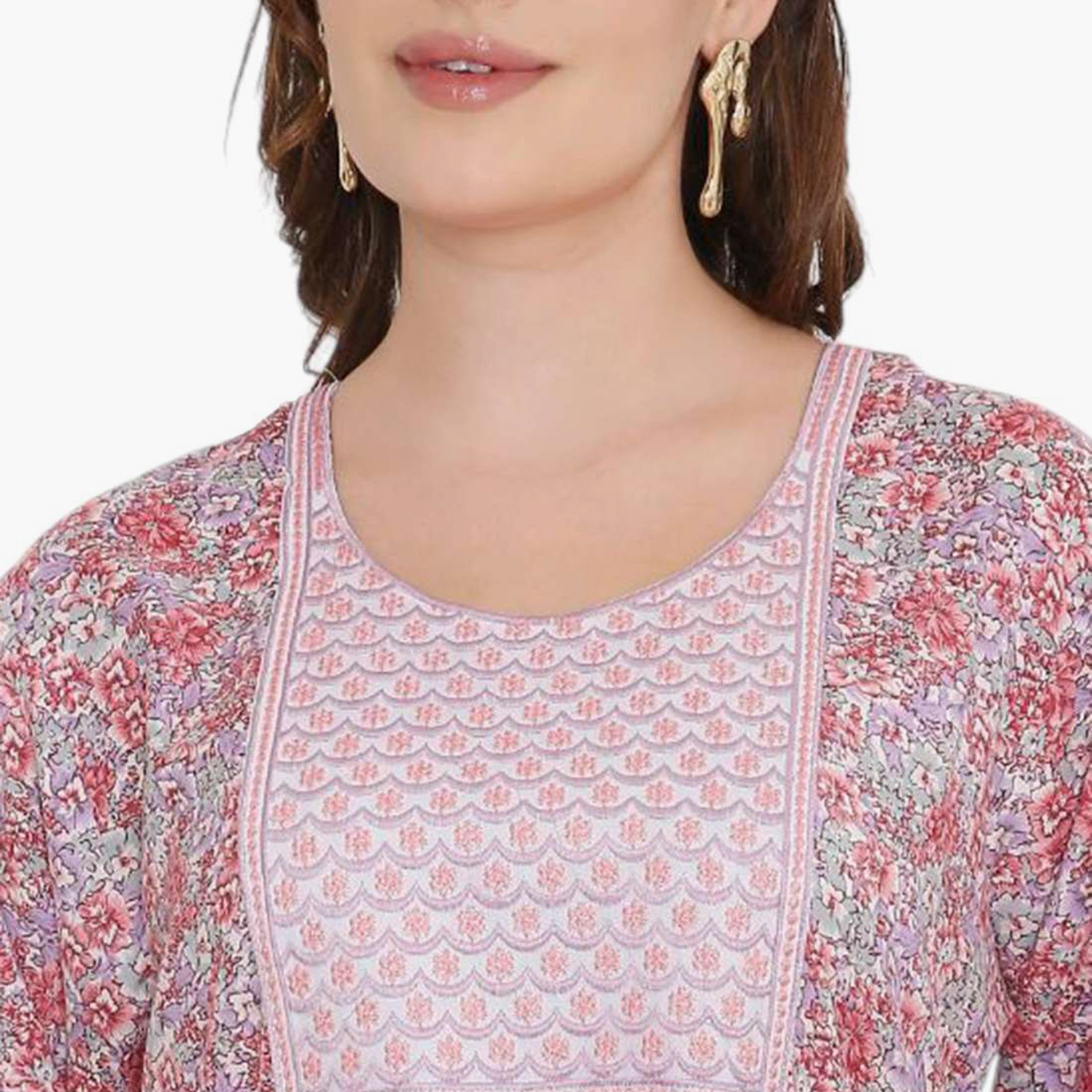 HanaandSara Floral Print & Embroidered Yoke Women's Jalabiya-women-arabicclothing-jalabiyas-image-7