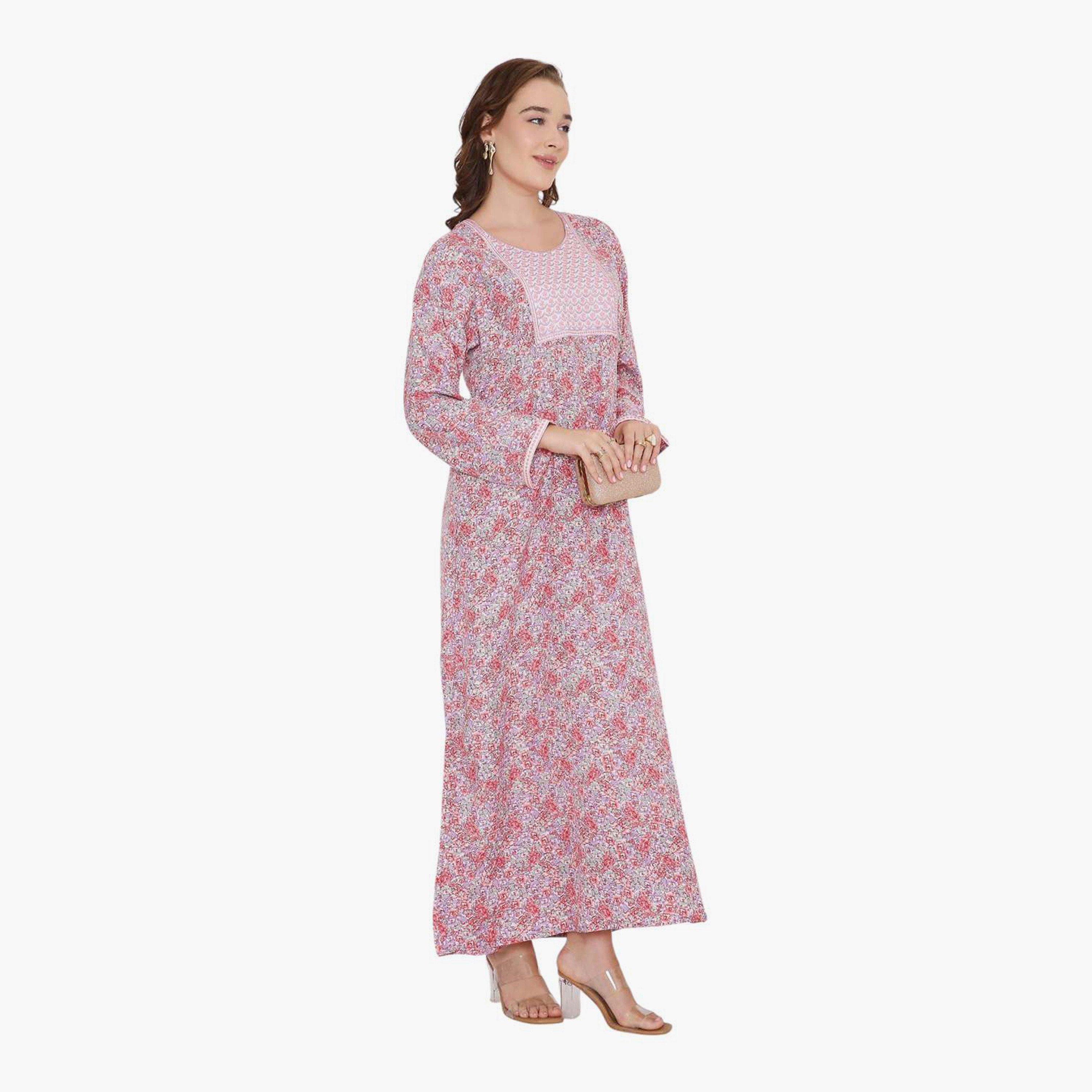 HanaandSara Floral Print & Embroidered Yoke Women's Jalabiya-women-arabicclothing-jalabiyas-image-8