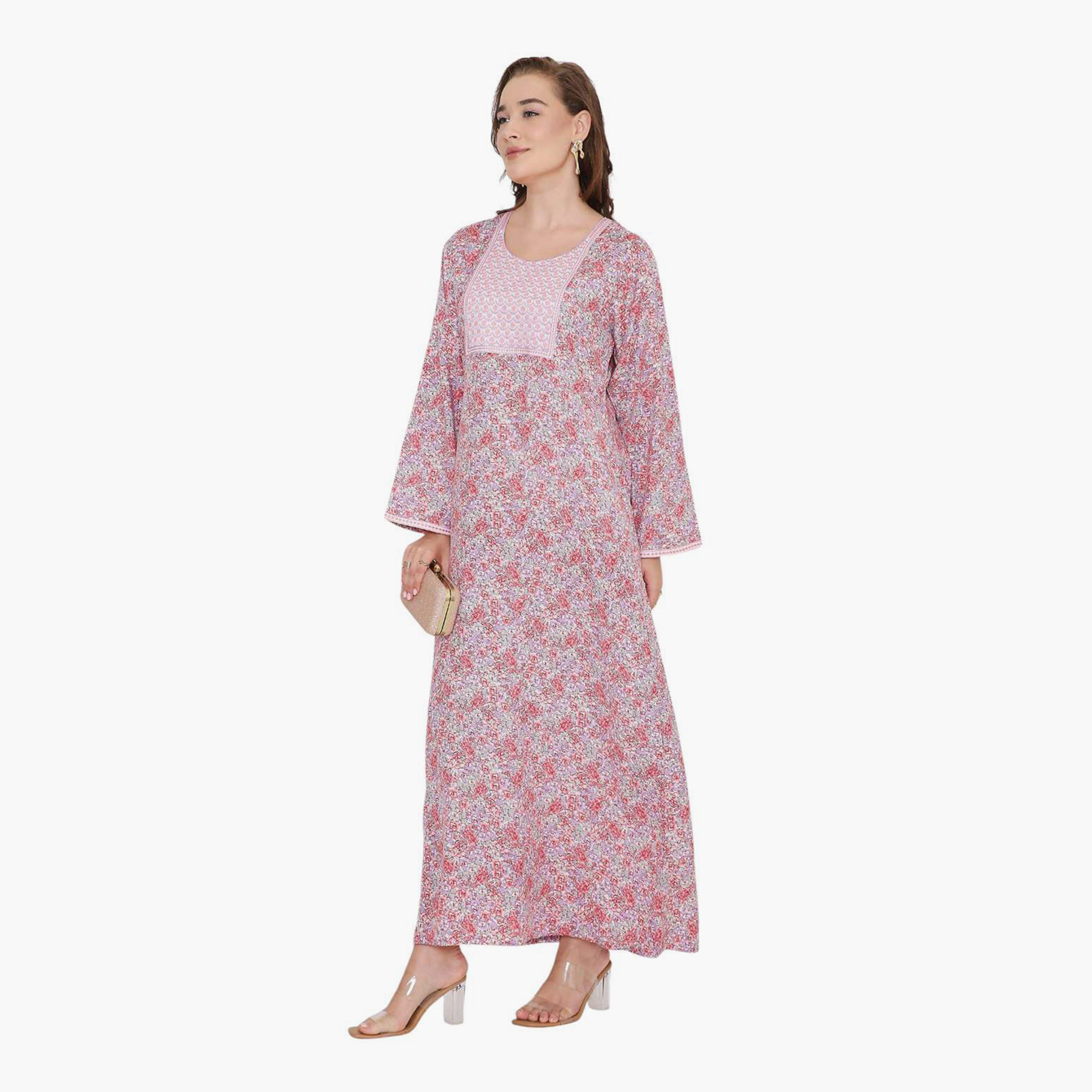 HanaandSara Floral Print & Embroidered Yoke Women's Jalabiya-women-arabicclothing-jalabiyas-image-9