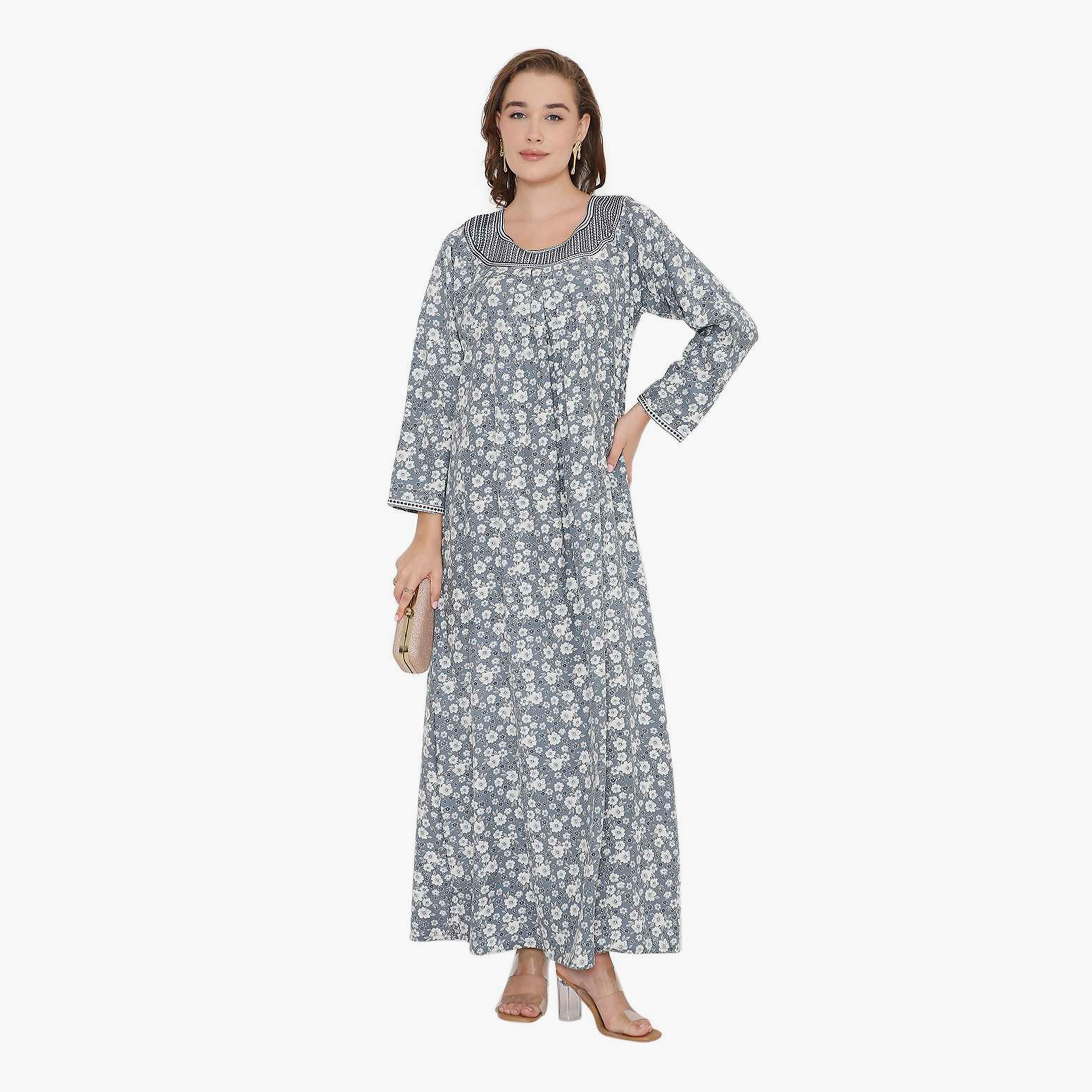 HanaandSara Floral Print & Embroidered Neck Women's Jalabiya-women-arabicclothing-jalabiyas-image-6