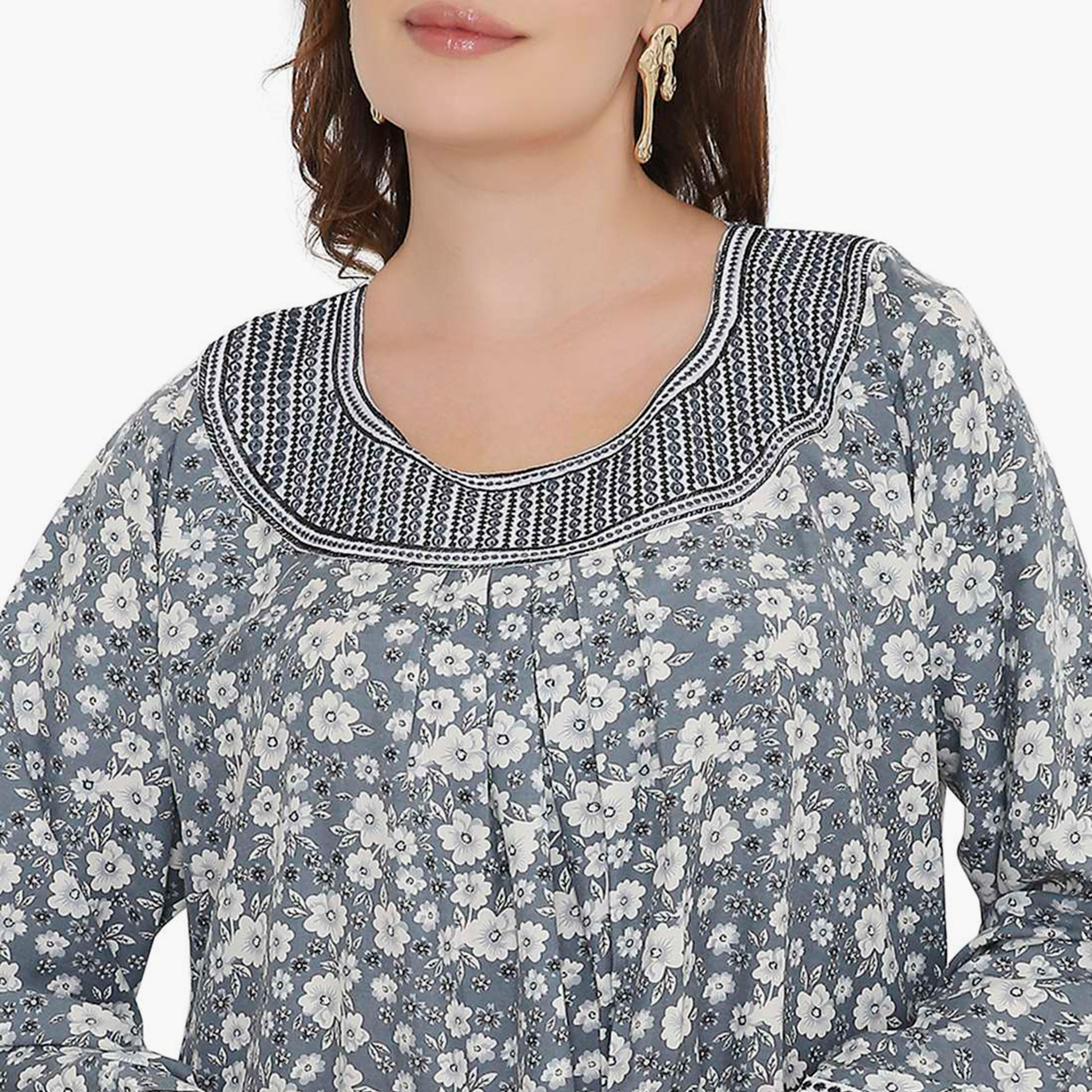 HanaandSara Floral Print & Embroidered Neck Women's Jalabiya-women-arabicclothing-jalabiyas-image-7