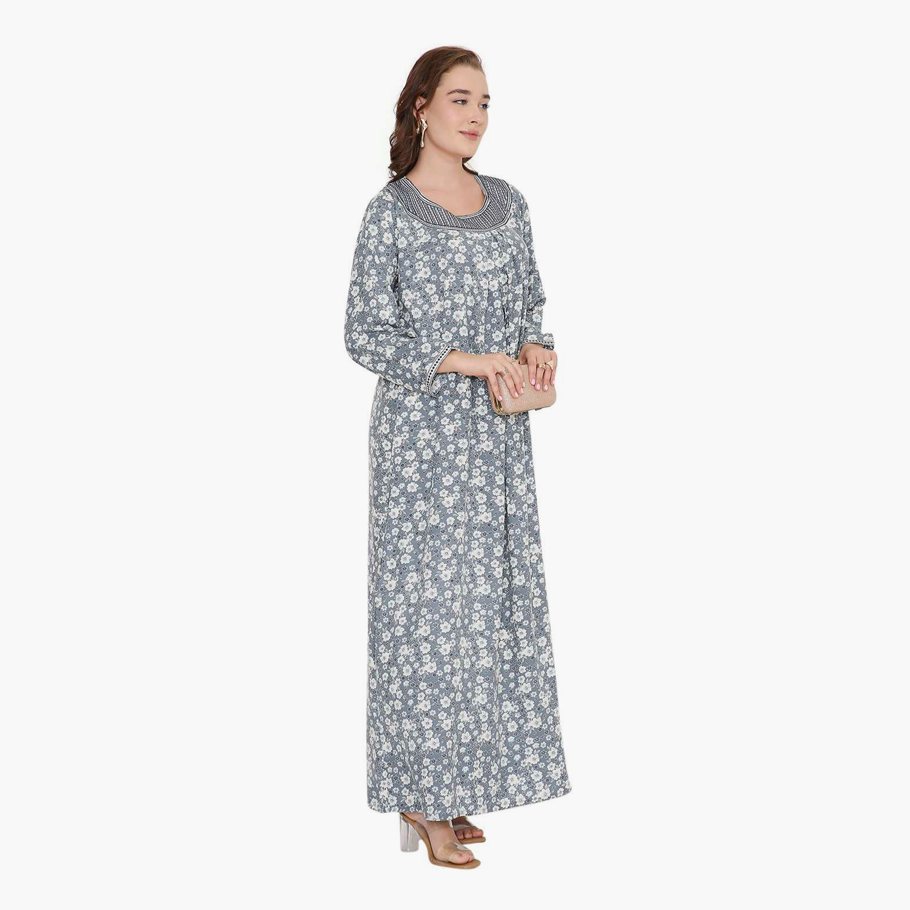 HanaandSara Floral Print & Embroidered Neck Women's Jalabiya-women-arabicclothing-jalabiyas-image-8