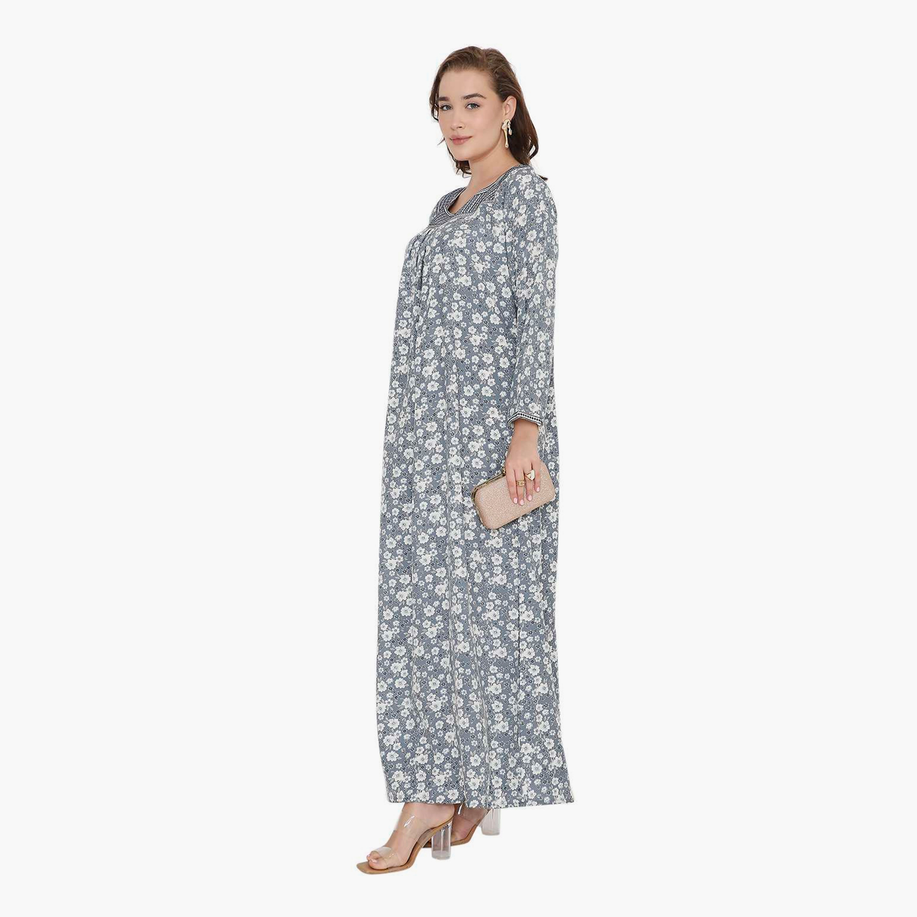 HanaandSara Floral Print & Embroidered Neck Women's Jalabiya-women-arabicclothing-jalabiyas-image-9