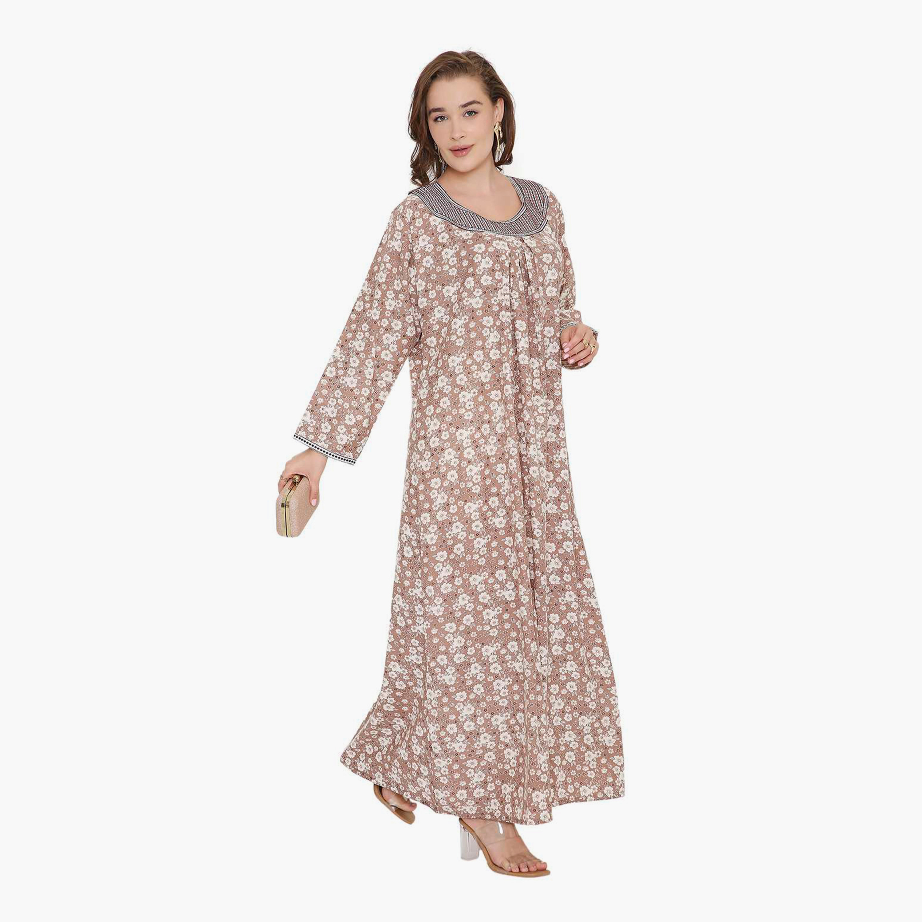 HanaandSara Floral Print & Embroidered Neck Women's Jalabiya-women-arabicclothing-jalabiyas-image-3