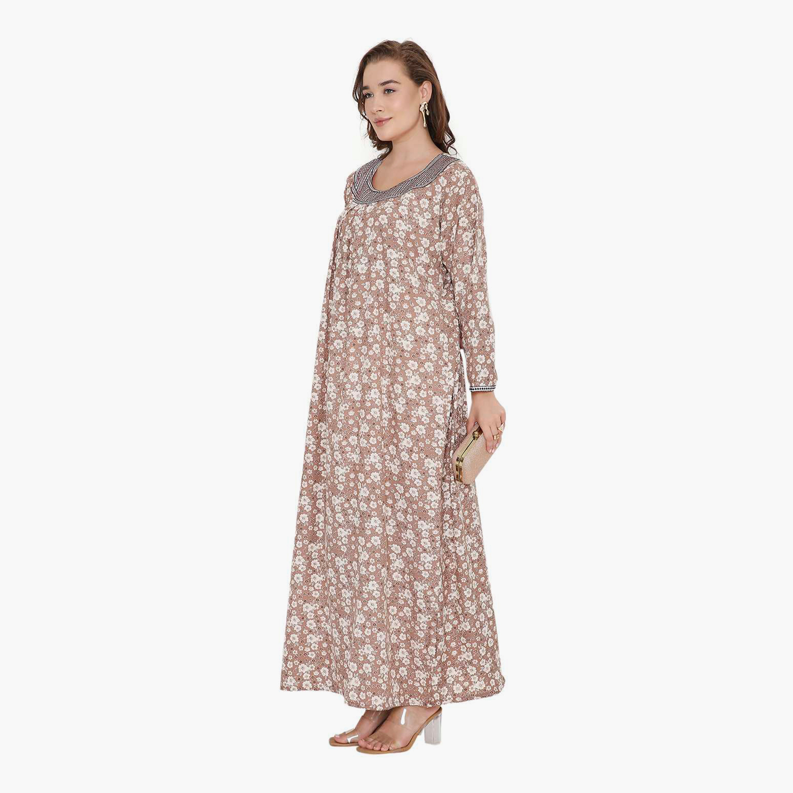 HanaandSara Floral Print & Embroidered Neck Women's Jalabiya-women-arabicclothing-jalabiyas-image-4