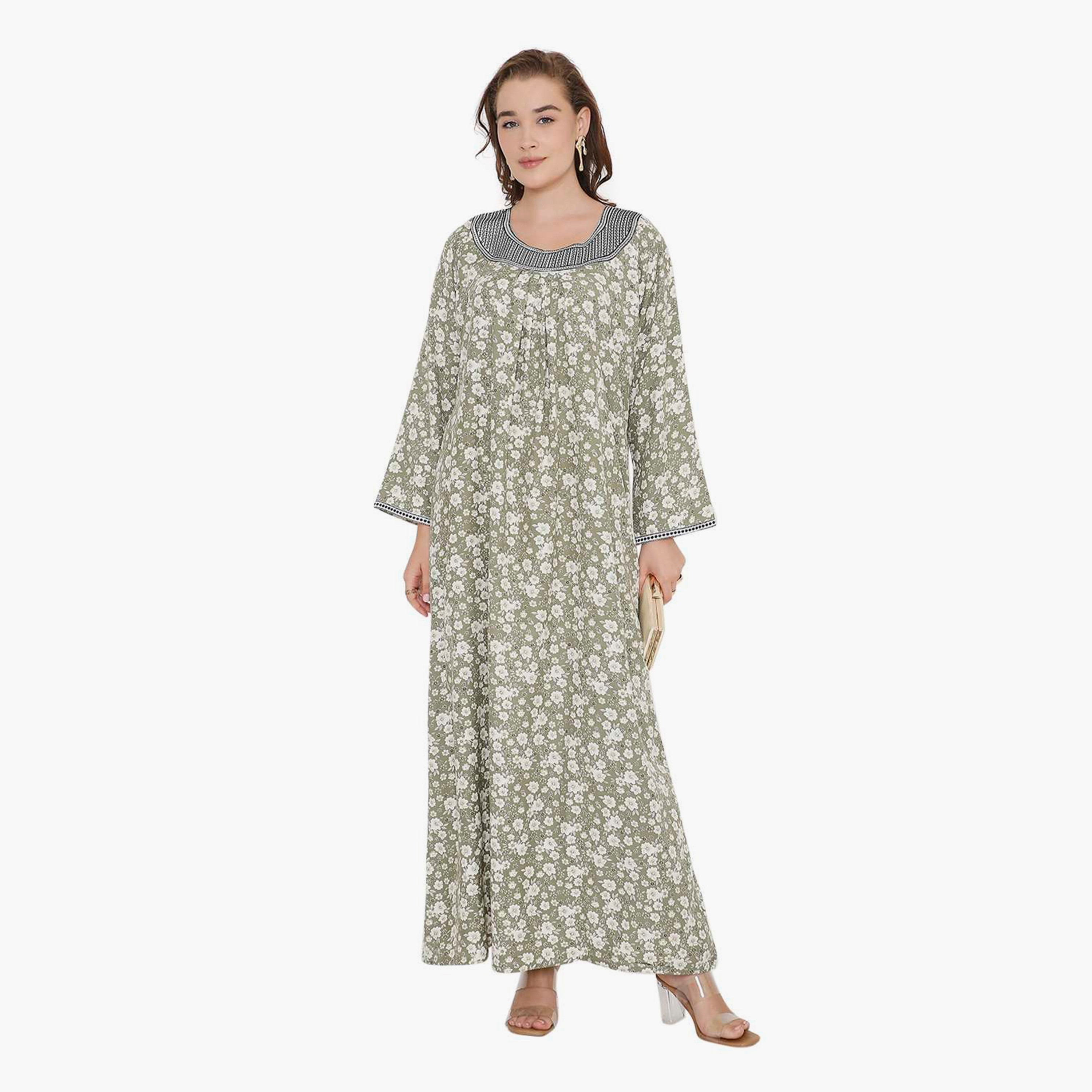 HanaandSara Floral Print & Embroidered Neck Women's Jalabiya-women-arabicclothing-jalabiyas-image-11