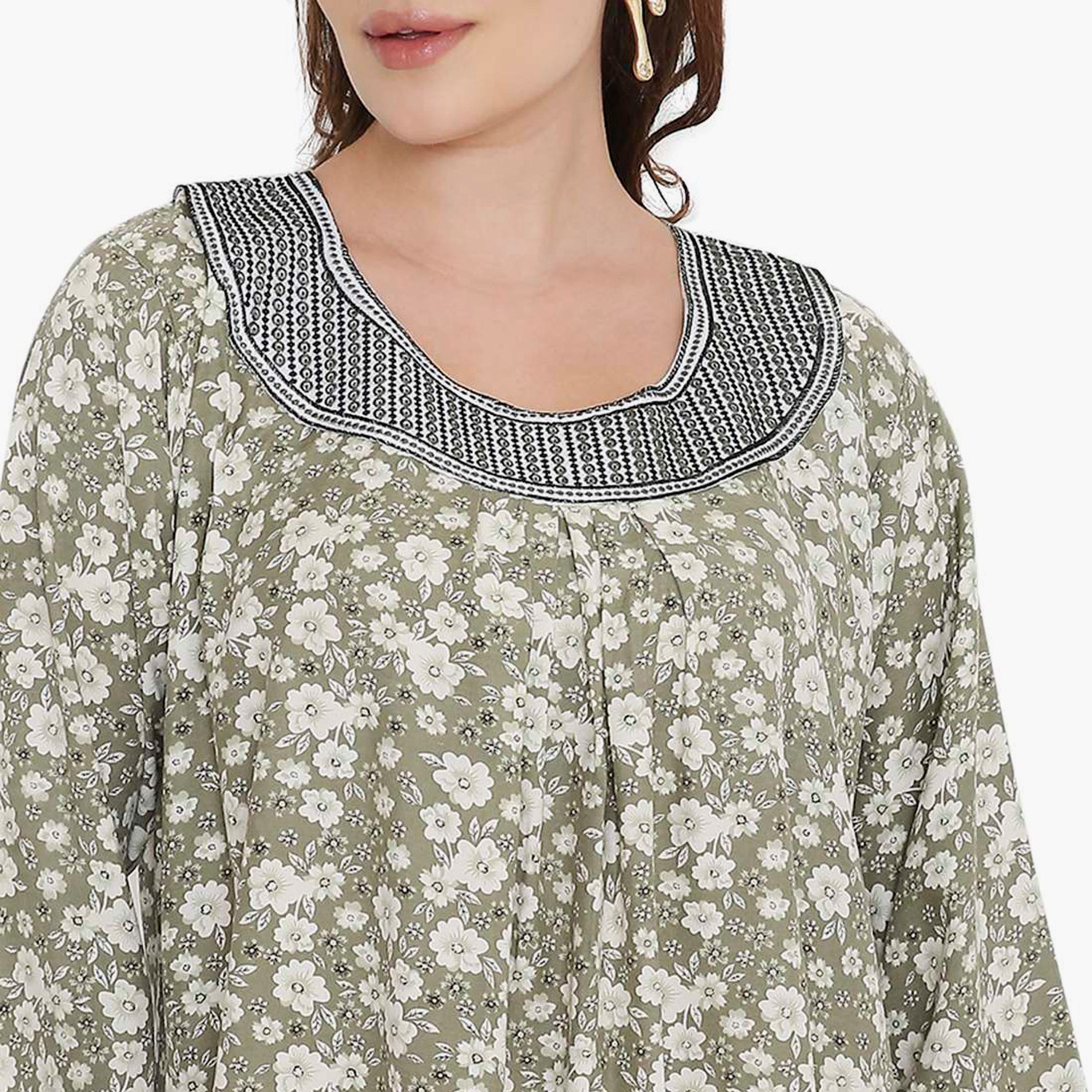 HanaandSara Floral Print & Embroidered Neck Women's Jalabiya-women-arabicclothing-jalabiyas-image-12