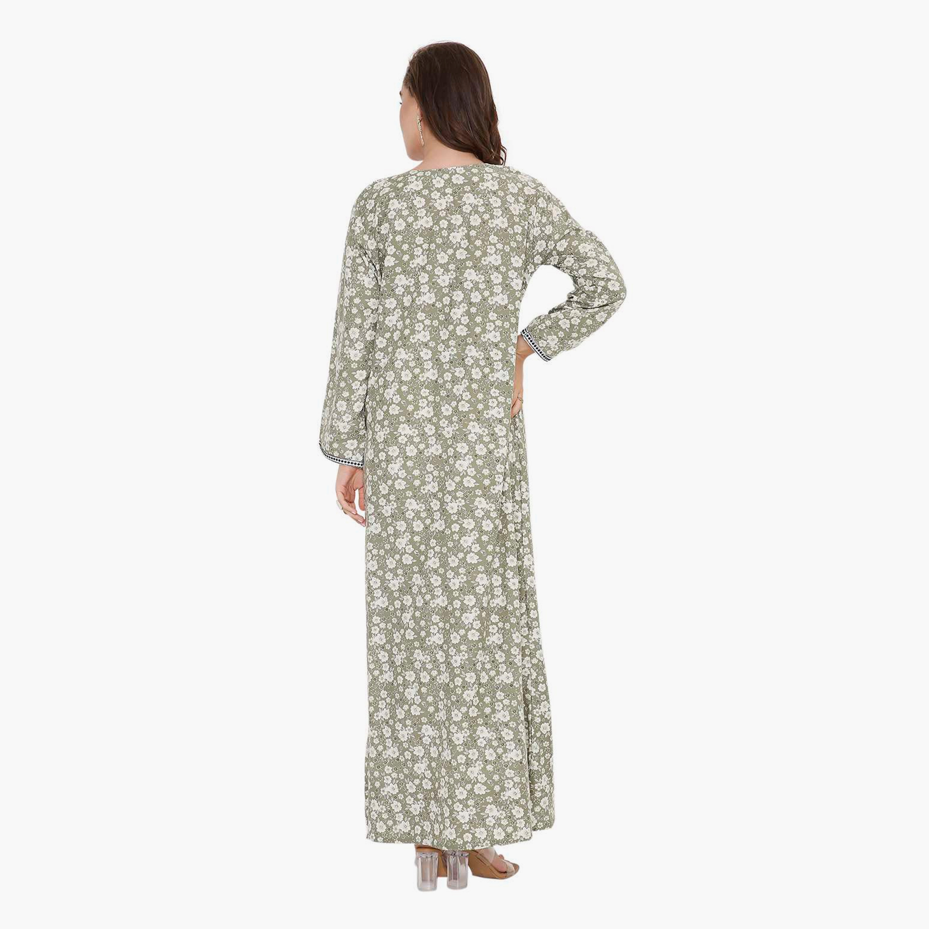 HanaandSara Floral Print & Embroidered Neck Women's Jalabiya-women-arabicclothing-jalabiyas-image-15