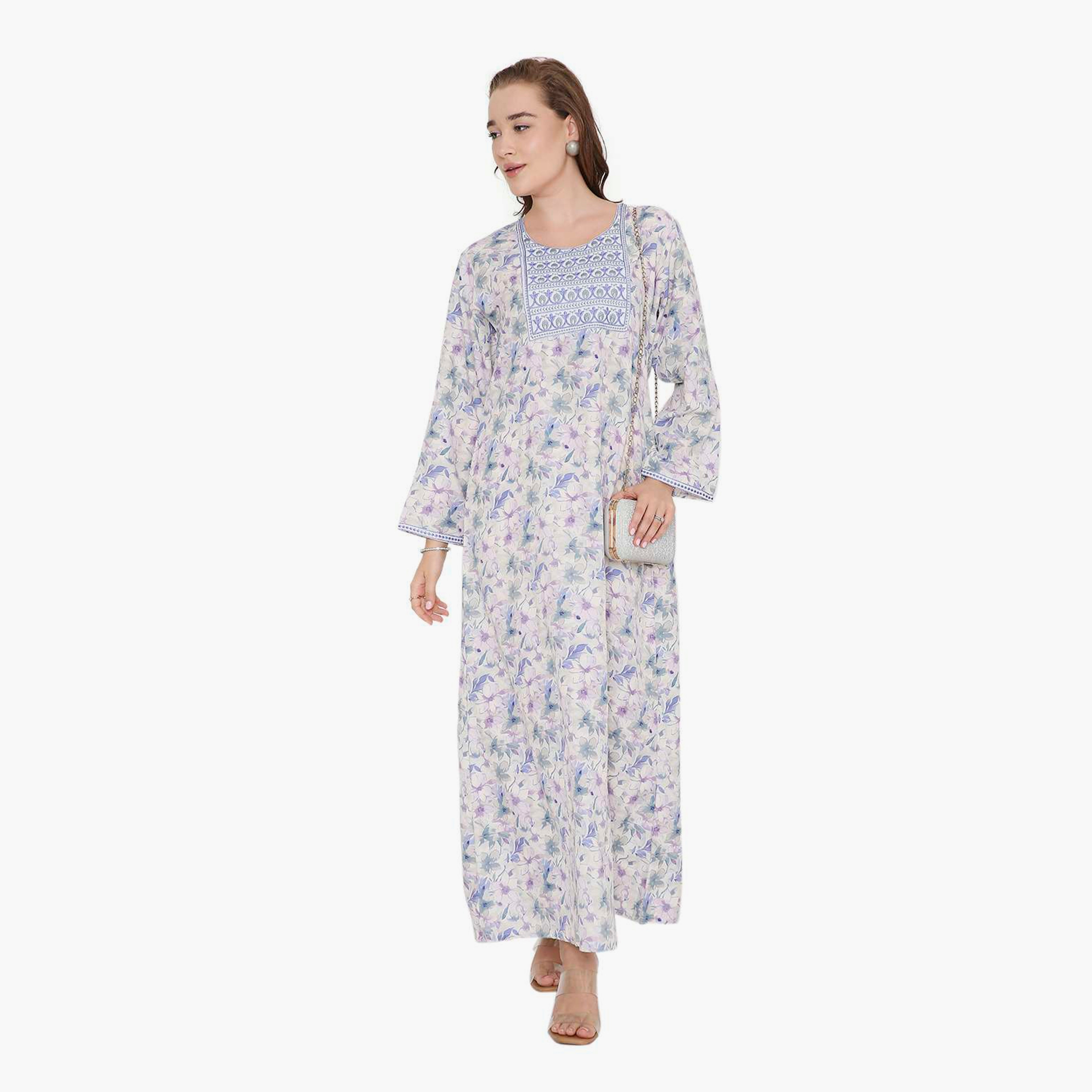 HanaandSara Floral Print & Embroidered Yoke Women's Jalabiya-women-arabicclothing-jalabiyas-image-6