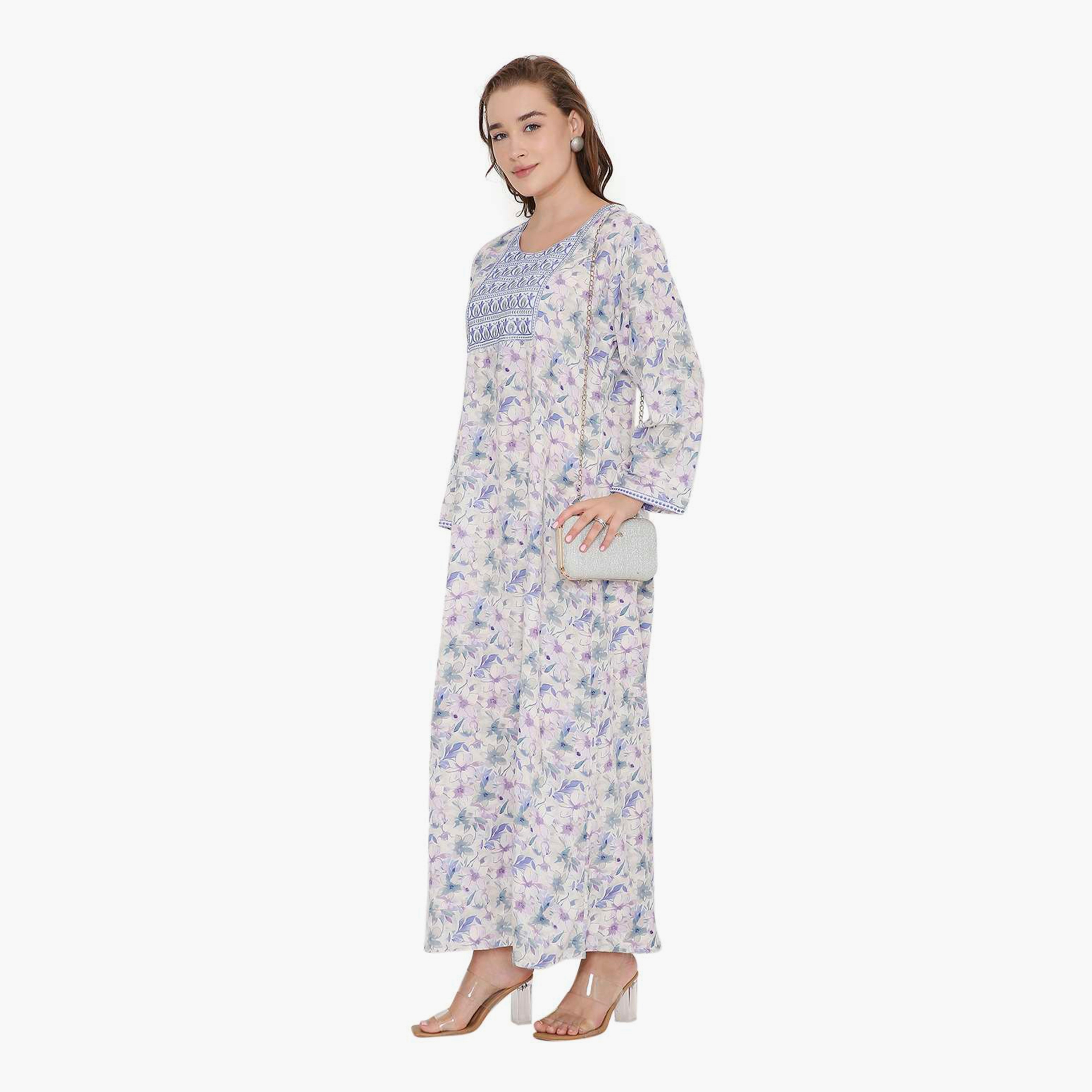 HanaandSara Floral Print & Embroidered Yoke Women's Jalabiya-women-arabicclothing-jalabiyas-image-9