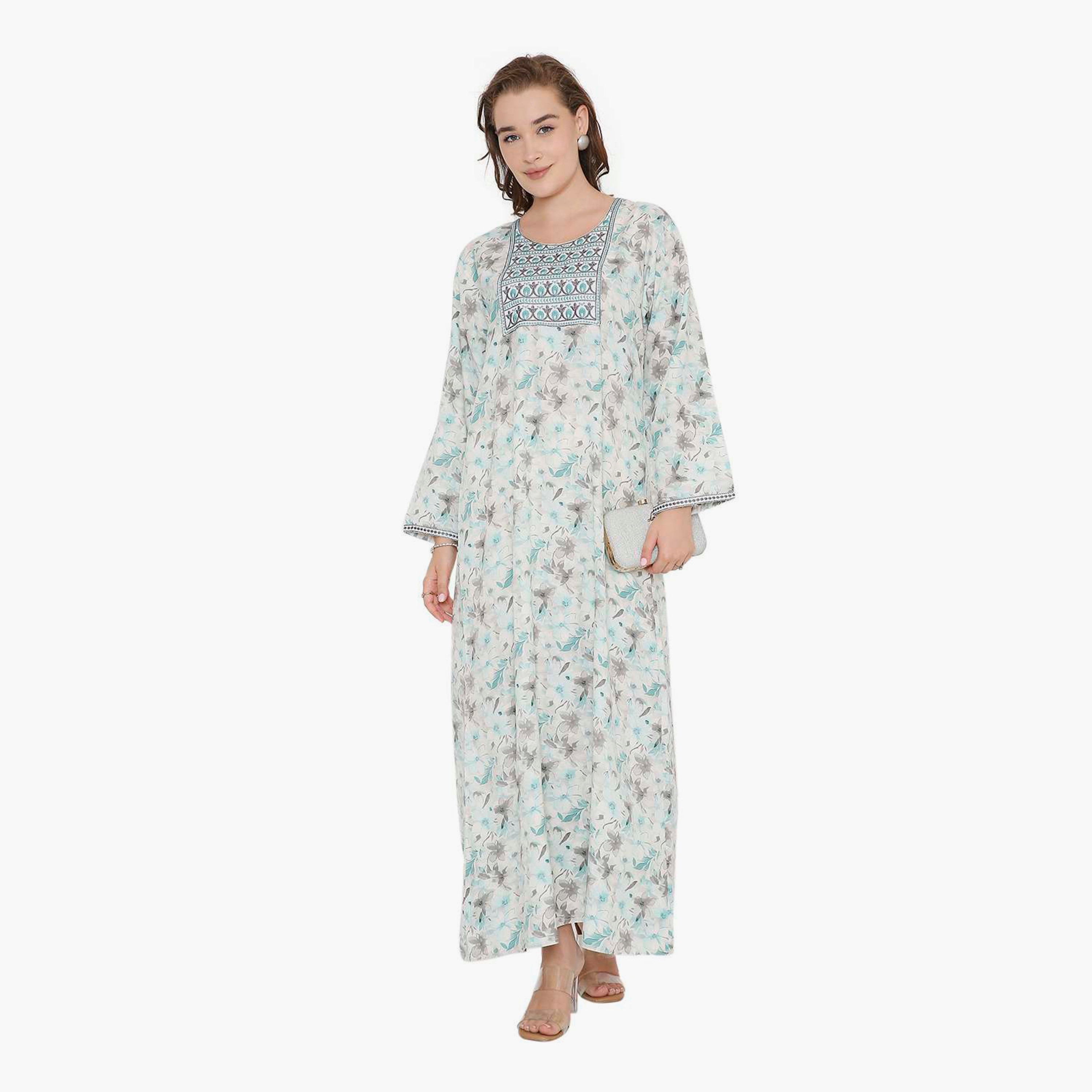 HanaandSara Floral Print & Embroidered Yoke Women's Jalabiya-women-arabicclothing-jalabiyas-image-11