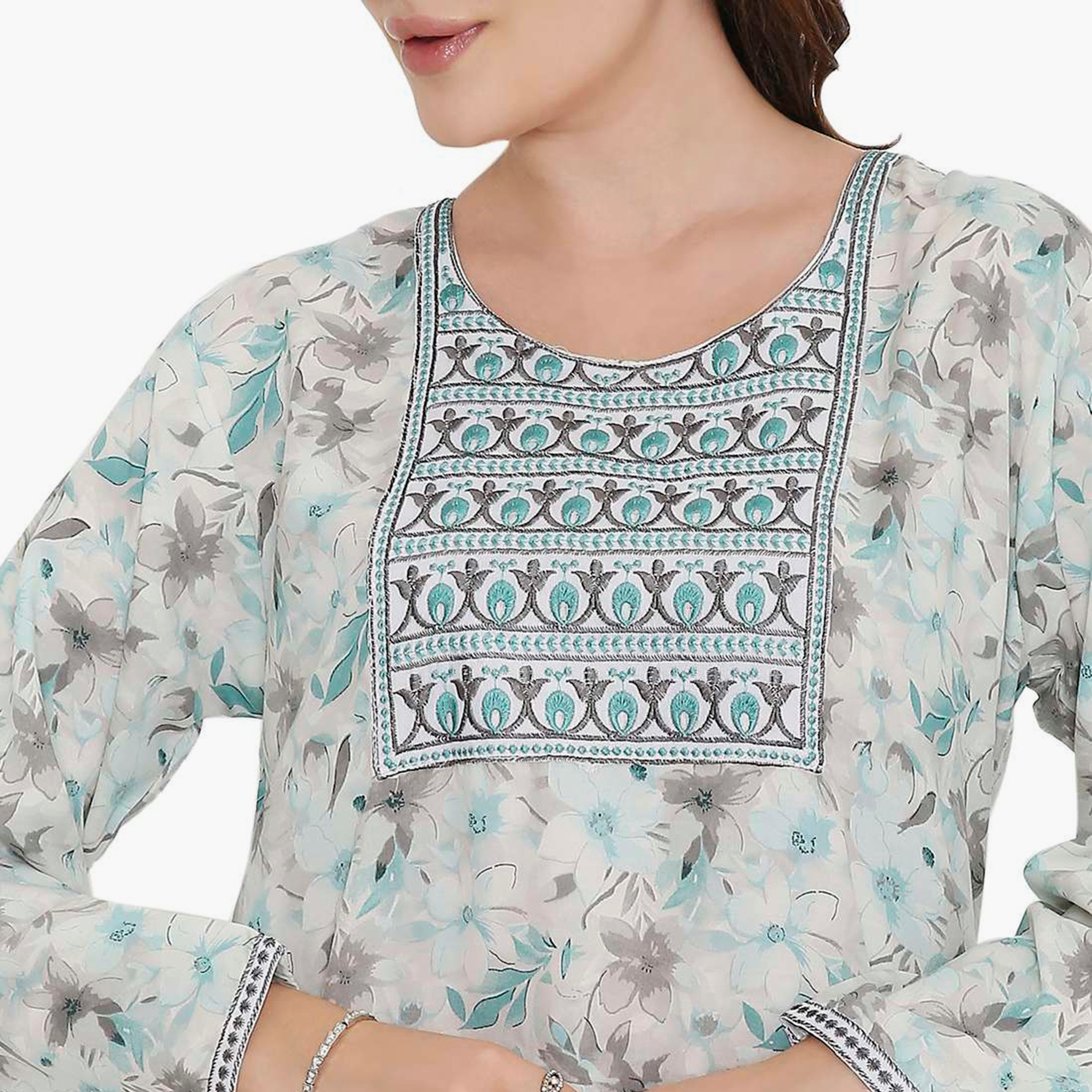 HanaandSara Floral Print & Embroidered Yoke Women's Jalabiya-women-arabicclothing-jalabiyas-image-12