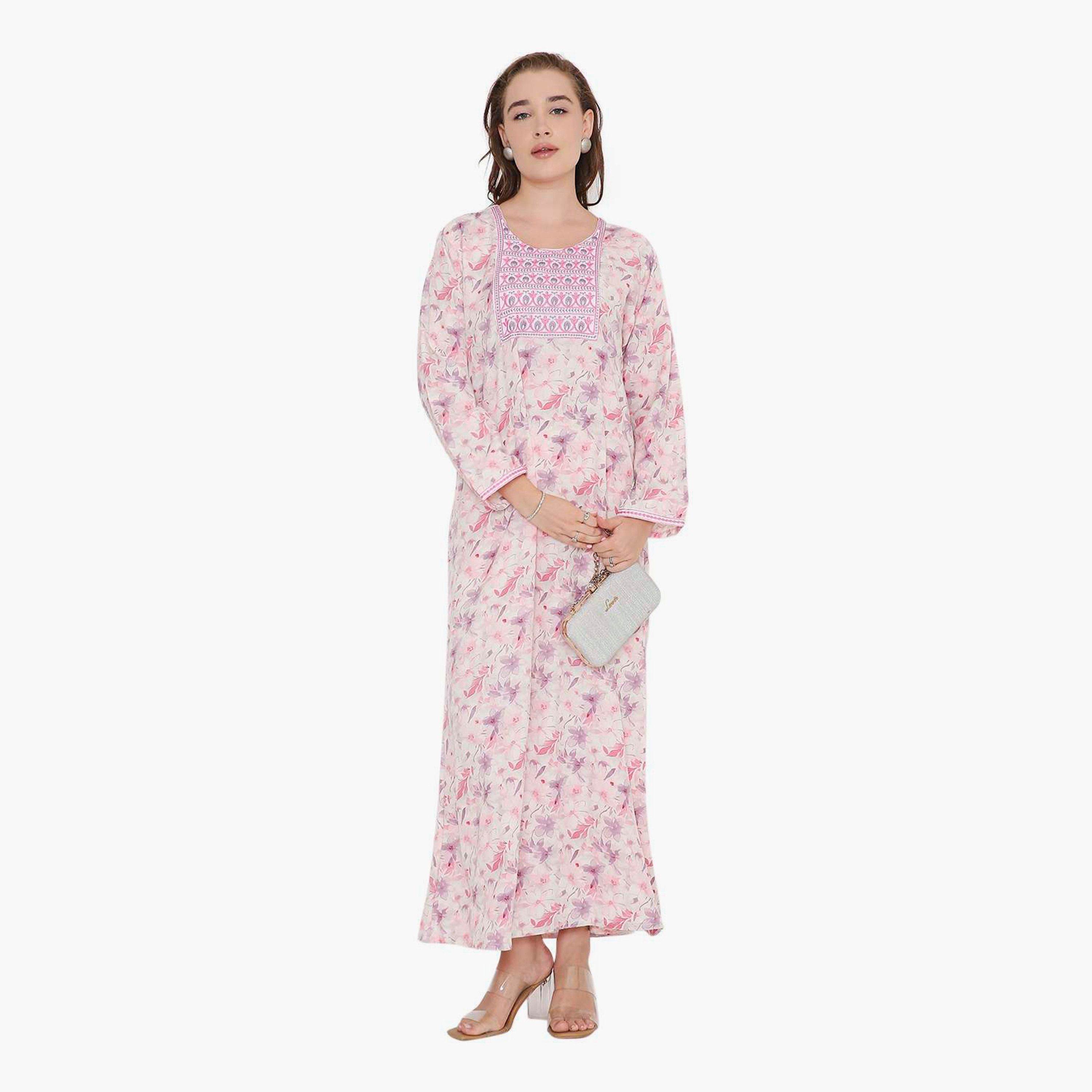جلابية نسائية بطبعة زهور وصدرية مطرزة من هنا أند سارة-women-arabicclothing-jalabiyas-image-1