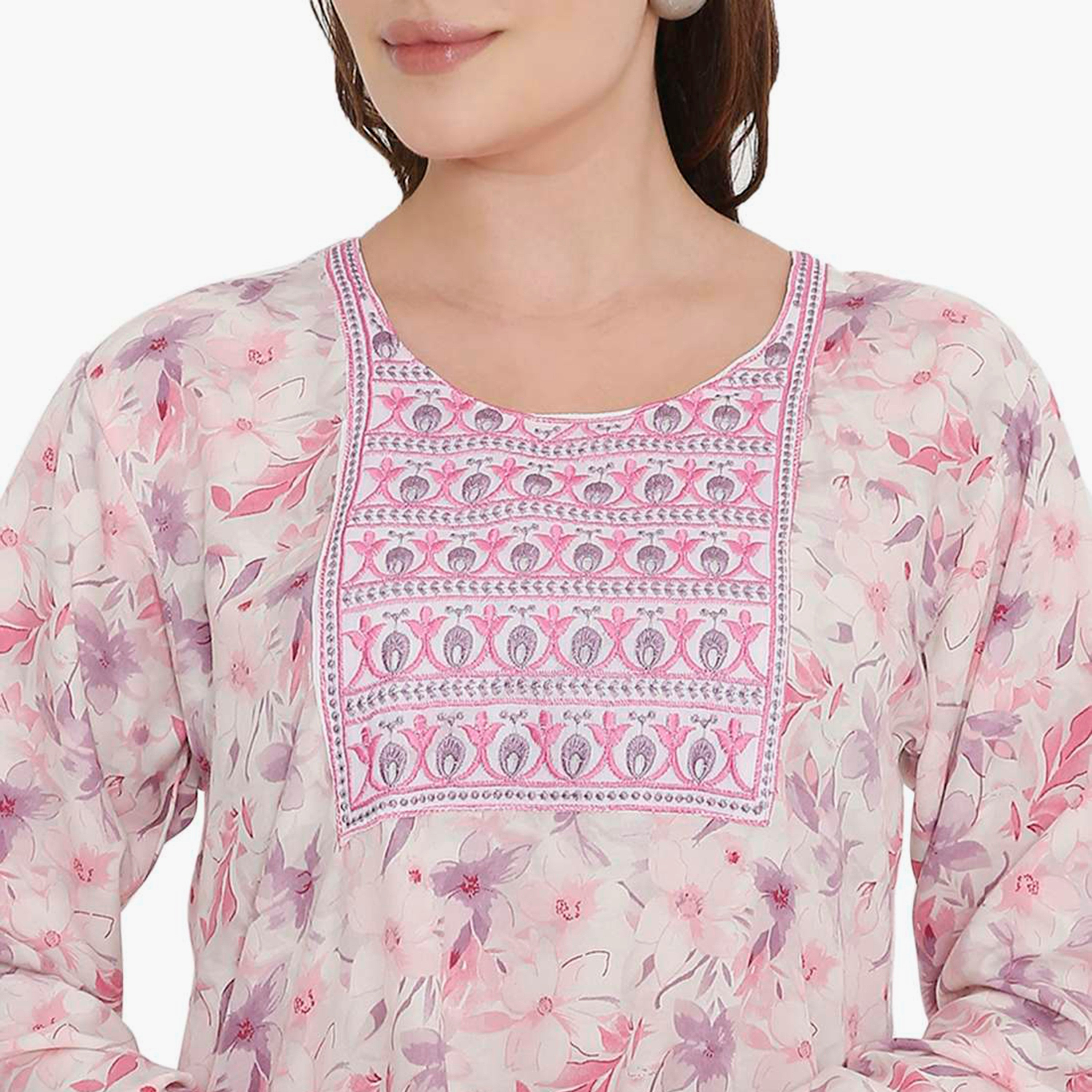 HanaandSara Floral Print & Embroidered Yoke Women's Jalabiya-women-arabicclothing-jalabiyas-image-2