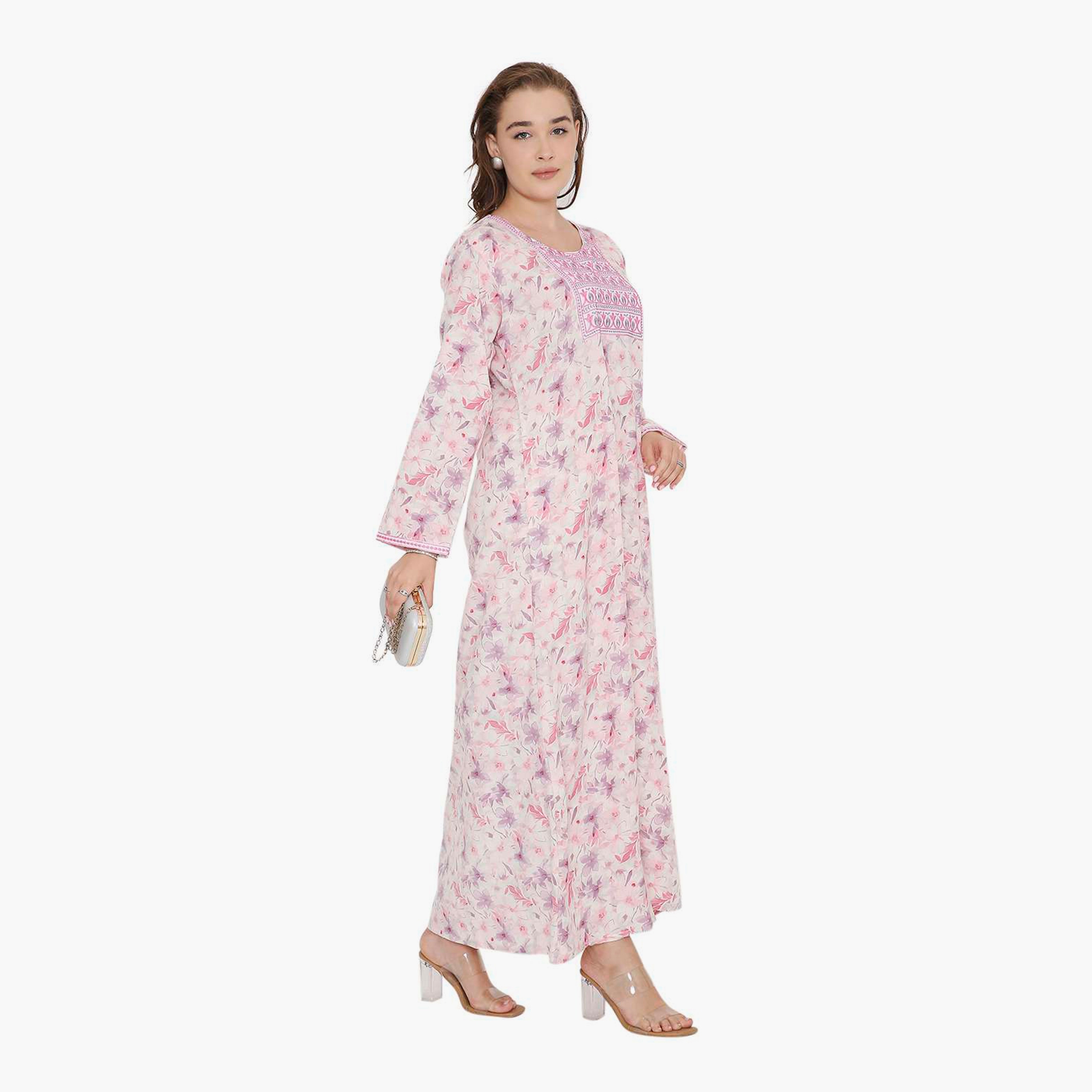 HanaandSara Floral Print & Embroidered Yoke Women's Jalabiya-women-arabicclothing-jalabiyas-image-3
