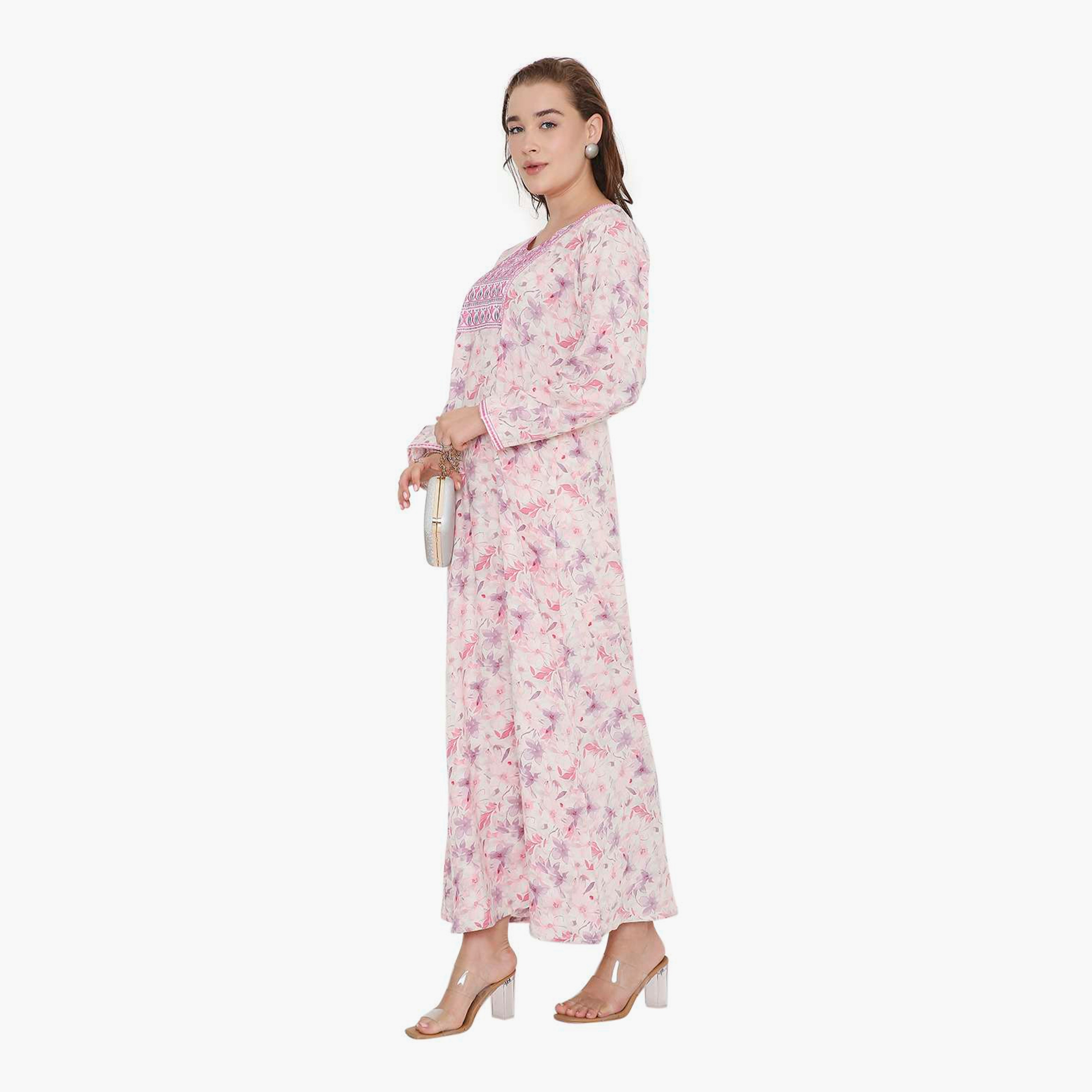 HanaandSara Floral Print & Embroidered Yoke Women's Jalabiya-women-arabicclothing-jalabiyas-image-4