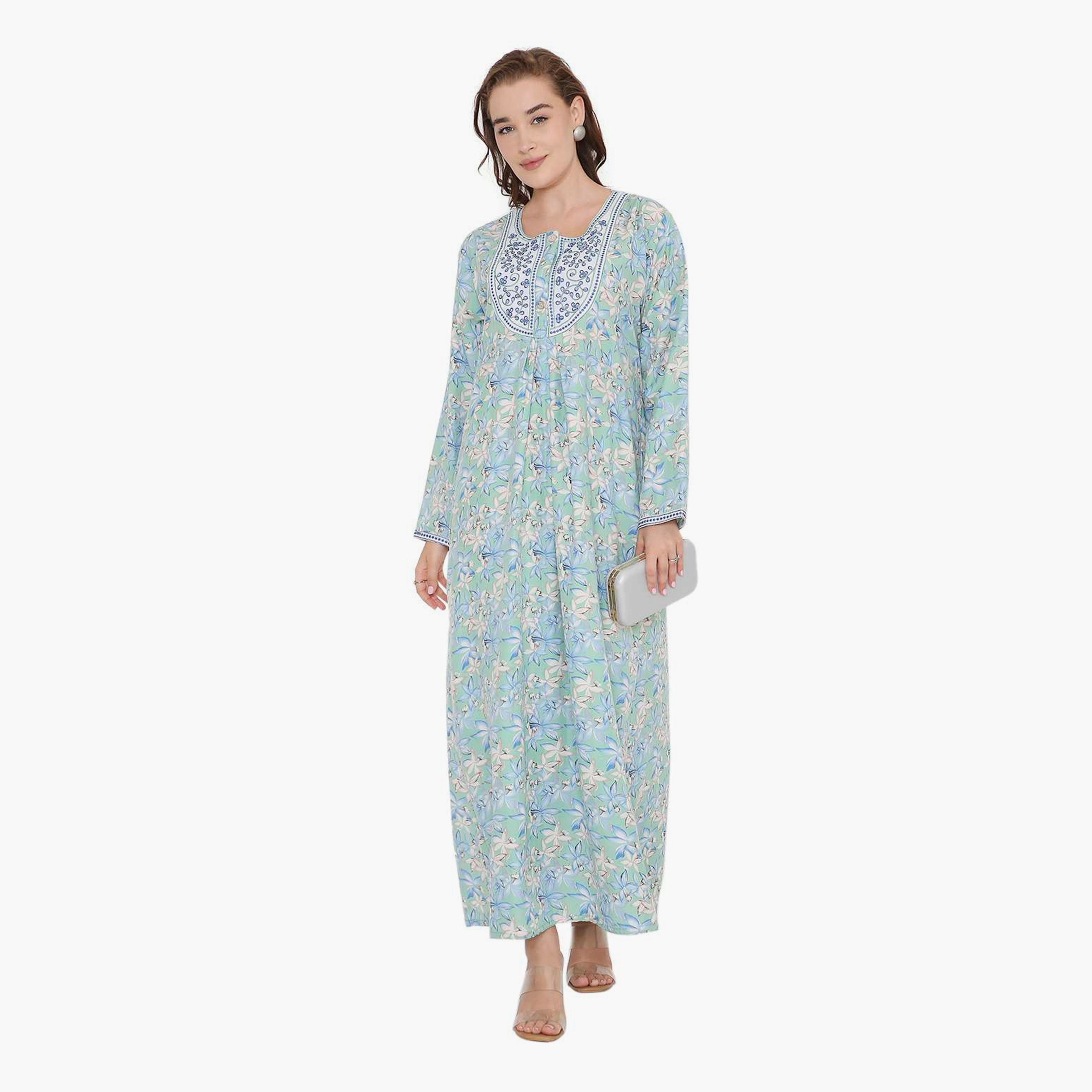 HanaandSara Floral Print & Embroidered Yoke Women's Jalabiya-women-arabicclothing-jalabiyas-image-6
