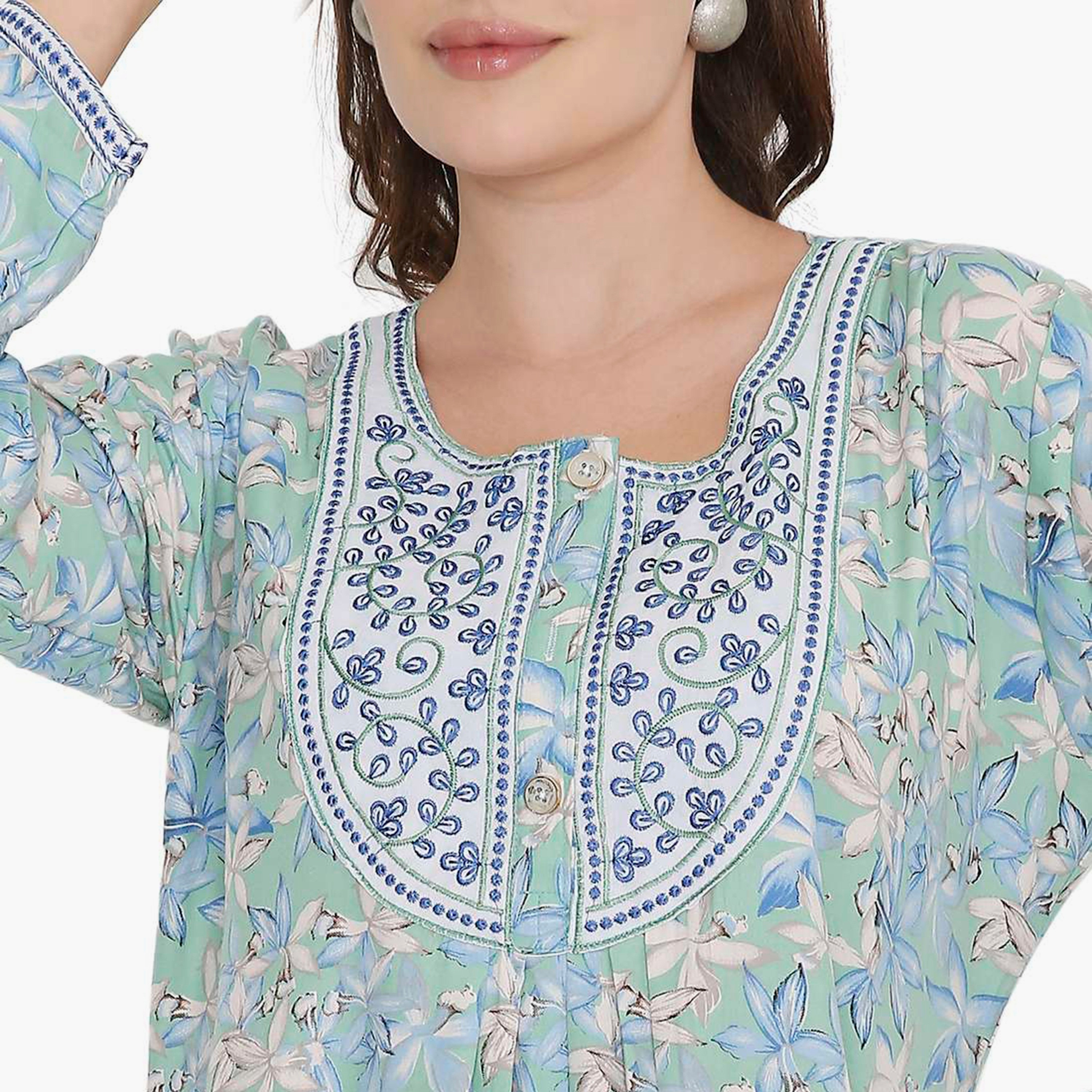 HanaandSara Floral Print & Embroidered Yoke Women's Jalabiya-women-arabicclothing-jalabiyas-image-7